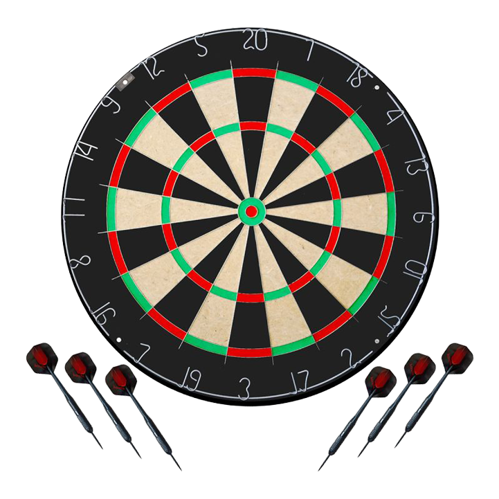 Juego de dardos Karella BullOut que incluye 2 juegos de dardos de acero. Das Bild stellt das Karella Dartboard BullOut Set mit zwei Sets Steeldarts dar. Es bietet alles, was man für ein direktes Dartspiel benötigt.