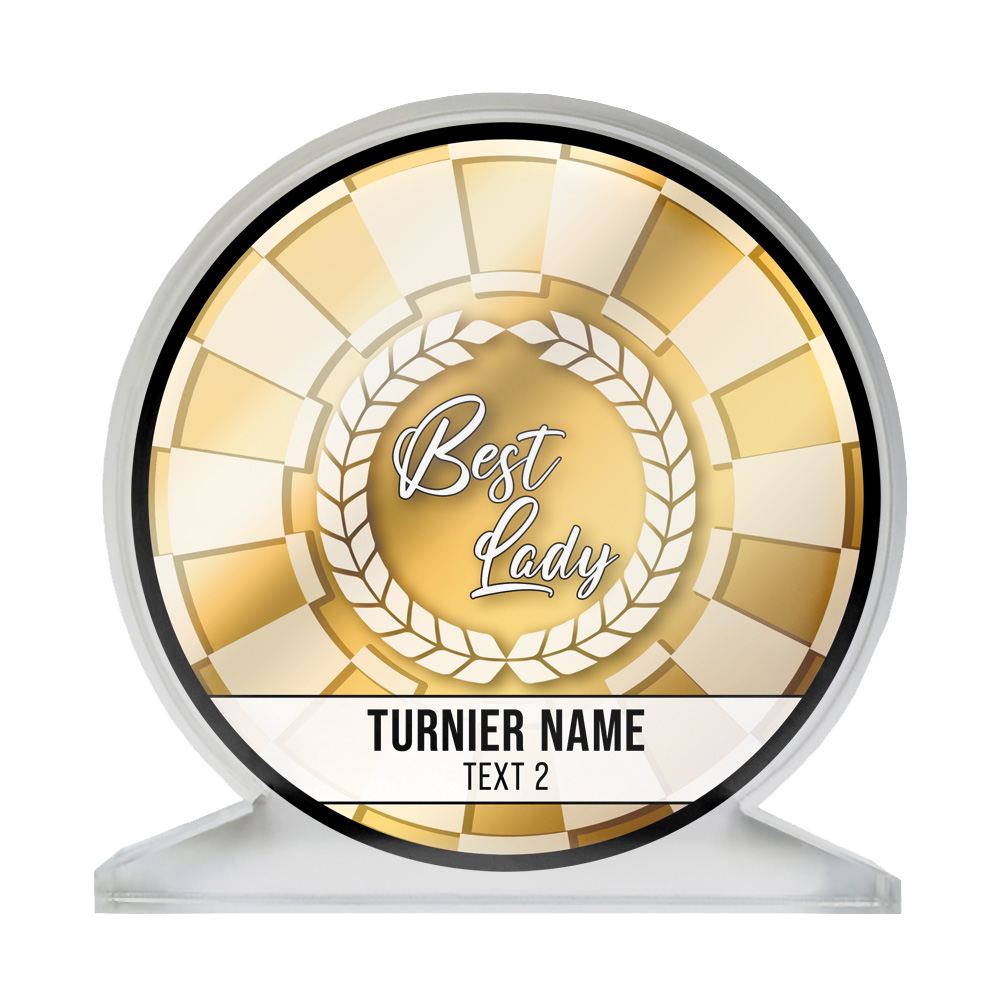 ACP-BL_Acrylglas_Pokal_mit_Wunschdruck_Text_BestLadyGold_1 Auf dem Bild ist ein runder Acrylglas-Pokal mit goldenen Verzierungen zu sehen. In der Mitte steht „Best Lady“ und darunter können ein Turniername und ein weiterer Text individuell eingefügt werden.