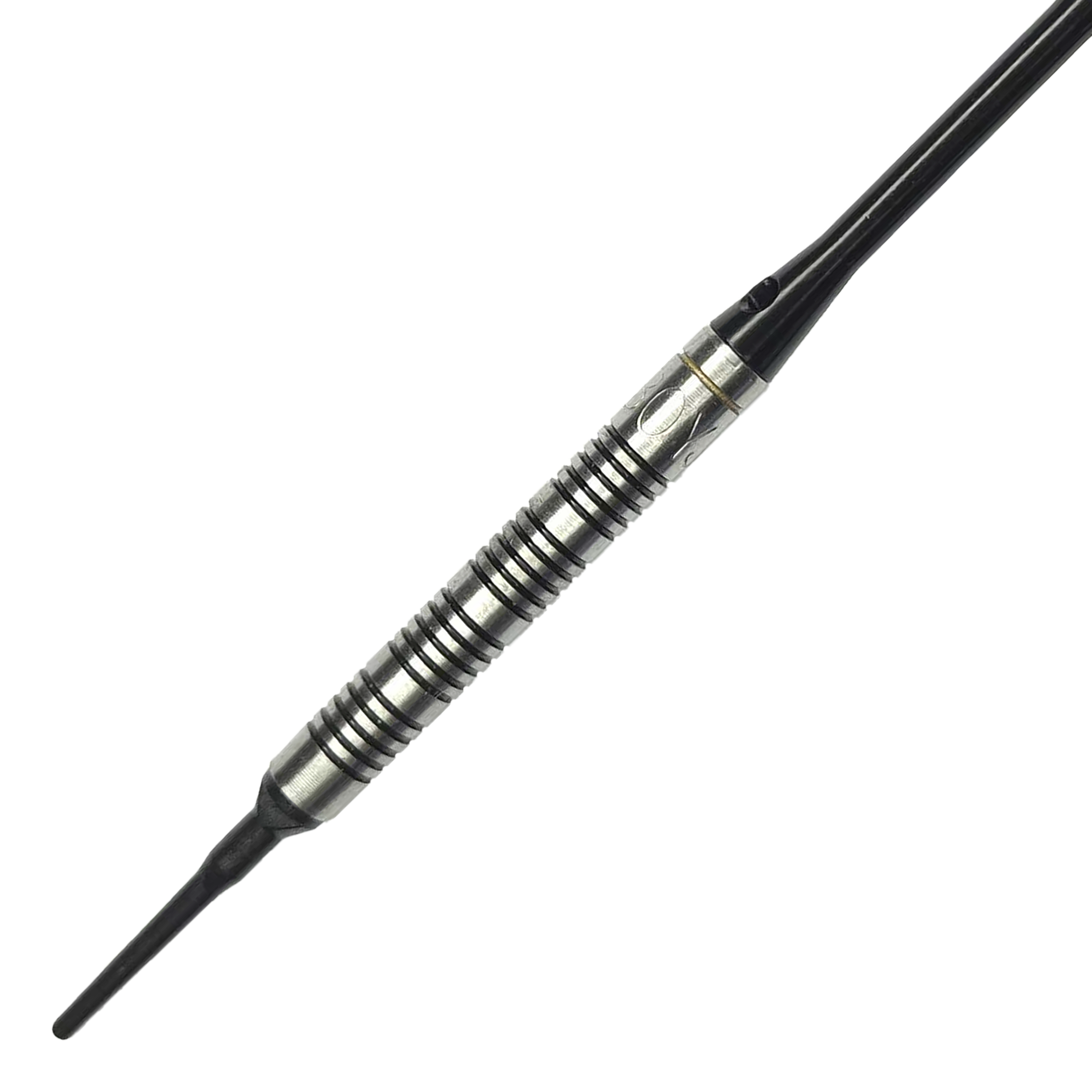 Dardos blandos McDart 85 Tungsteno V17 - 16,5 g Das Bild zeigt einen McDart 85er Tungsten V17 Softdart mit einem Gewicht von 16,5g. Der Dart hat ein silber-schwarzes, griffiges Barrel und eine schwarze Spitze.