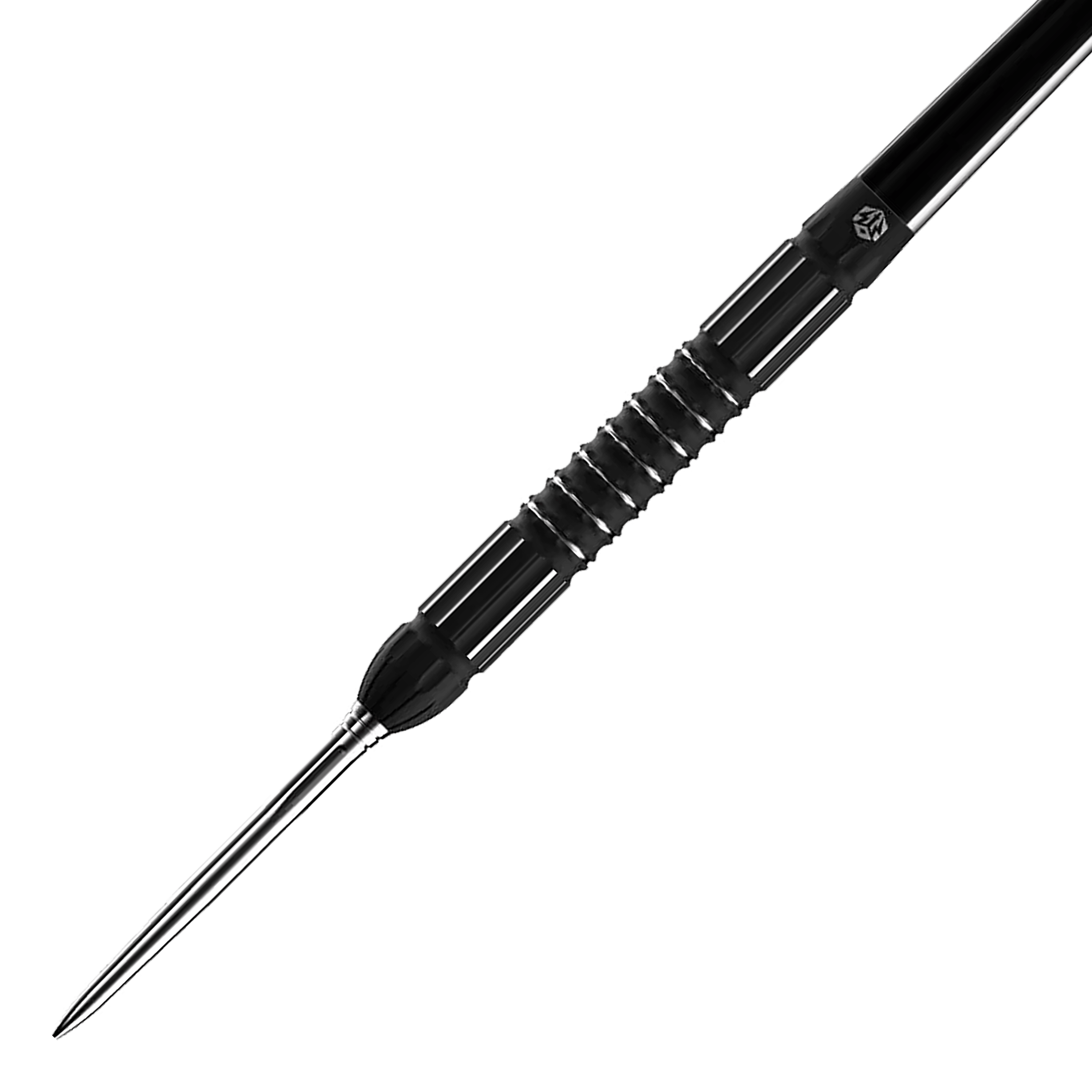 Dardos de acero Caliburn Sword S2 Das Bild zeigt den Caliburn Sword S2 Steeldart. Der Dartpfeil hat ein schwarzes, geriffeltes Griffstück und eine silberne Spitze.