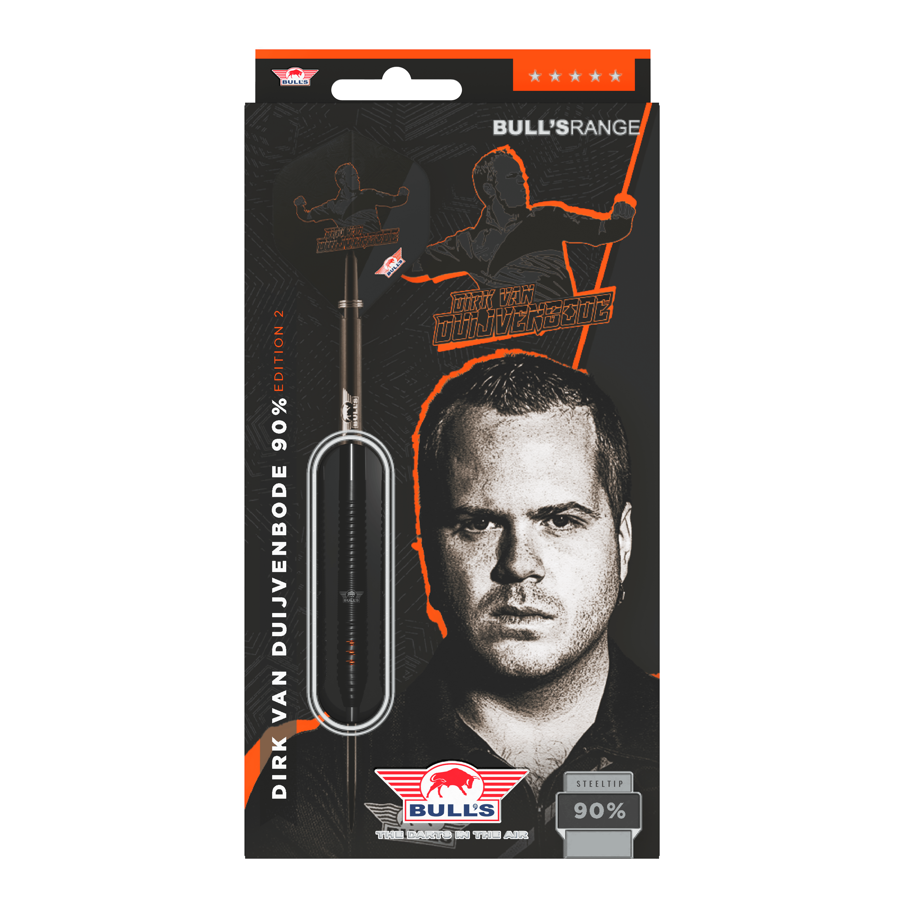 Bulls NL Dirk Van Duijvenbode Edition 2 dardos de acero Die Abbildung zeigt die Verpackung der "Bulls NL Dirk Van Duijvenbode Edition 2 Steeldarts". Auf der Verpackung ist ein Bild von Dirk Van Duijvenbode sowie ein Dartpfeil zu sehen.