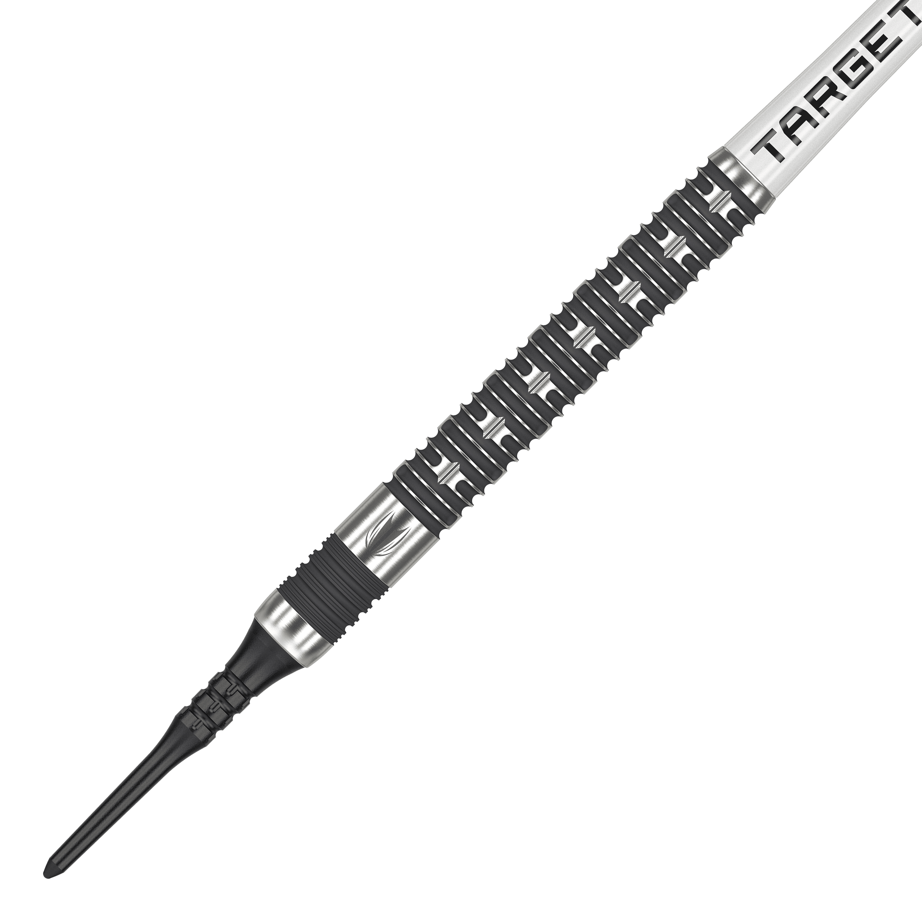 Dardos blandos Target Chris Dobey Hollywood Action - 20 g Das Bild zeigt einen Softdart aus der Serie "Target Chris Dobey Hollywood Action Softdarts - 20g". Der Dart hat ein markantes, silber-schwarzes Design mit einem strukturierten Griff.