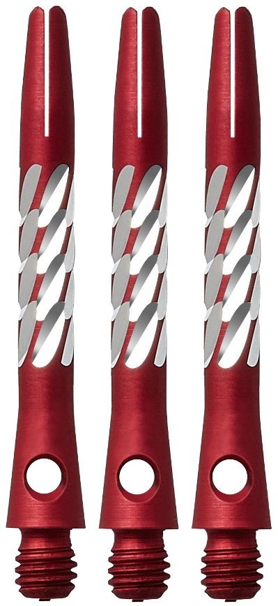 78990-Unicorn-Premier-Shaft-Red-Short Das Bild zeigt drei rote Aluminium-Schäfte für Darts mit silbernen Akzenten. Die Schäfte sind von der Marke Unicorn Premier.