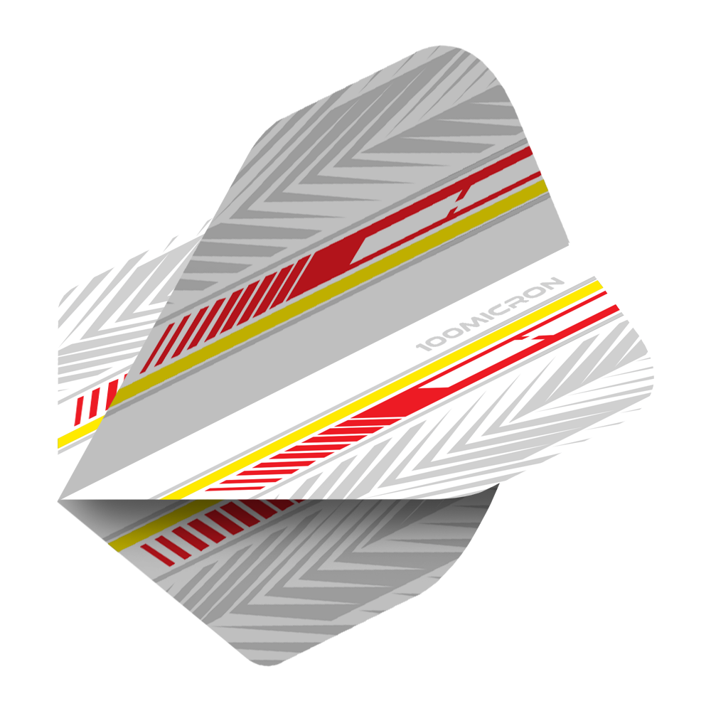 Vuelos de pentatlón blanco/rojo/amarillo Das Bild zeigt die Pentathlon White Red Yellow No2 Standard Flights. Die Flights sind überwiegend weiß und grau mit roten und gelben Akzenten sowie einem modernen Muster.