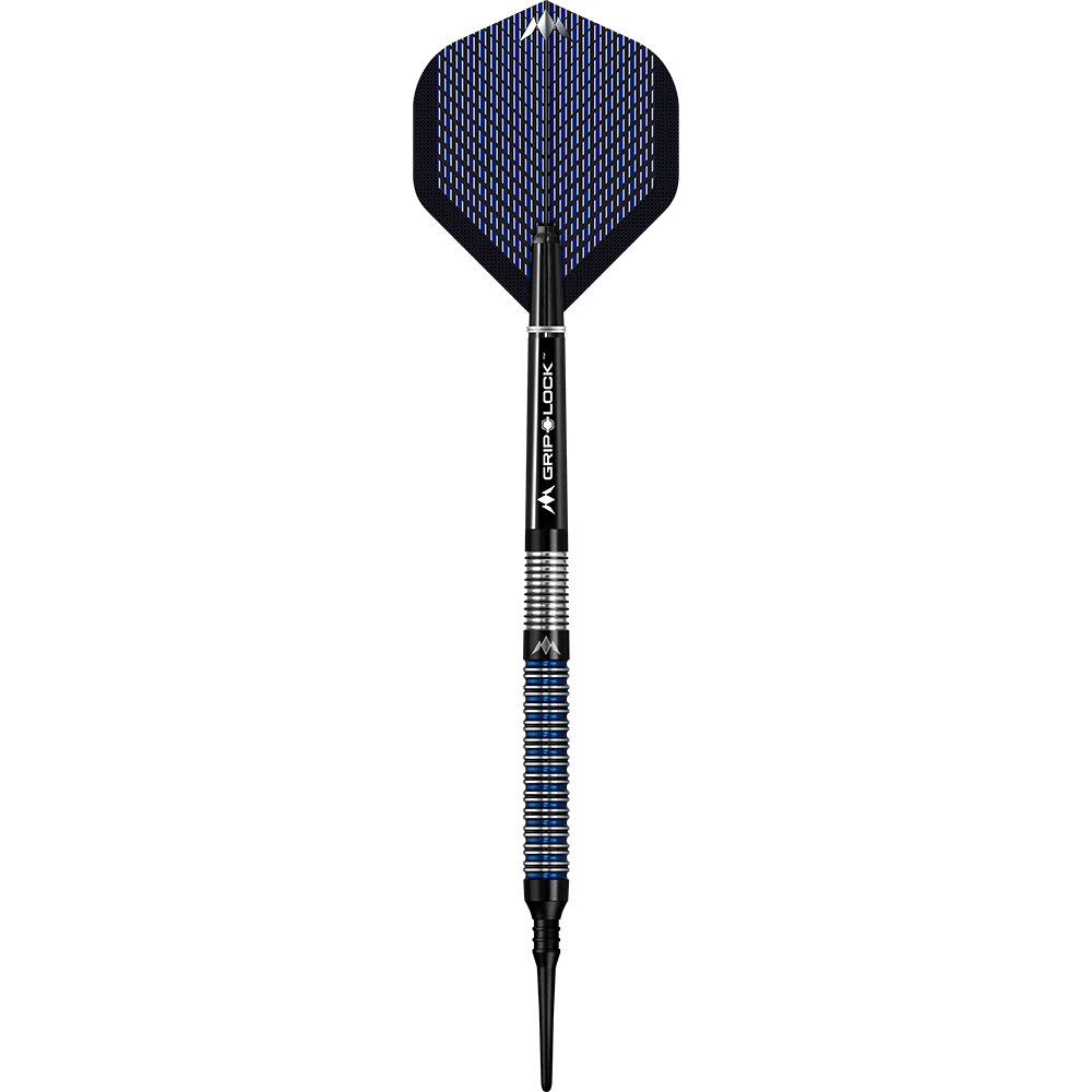 dardos blandos Mission Nightfall Modelo 1 Das Bild zeigt einen Softdart namens "Mission Nightfall Model 1". Der Dart hat schwarze und blaue Akzente sowie eine strukturierte Griffzone.