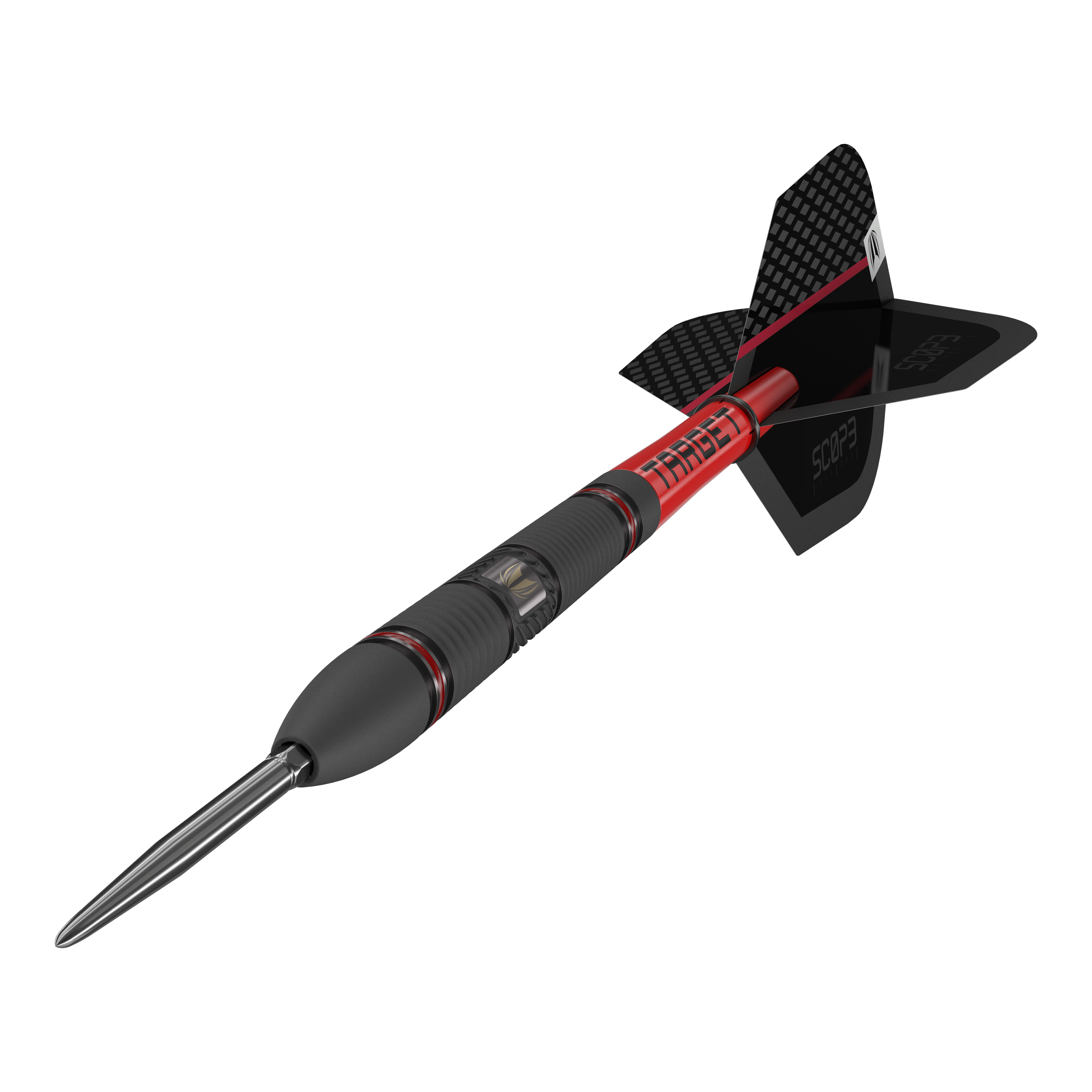 Dardos de acero Target Scope 02 Swiss Point Das Bild zeigt den Target Scope 02 Swiss Point Steeldart. Der Dartpfeil hat ein schwarzes und rotes Design mit einer metallischen Spitze und schwarzen Flights.