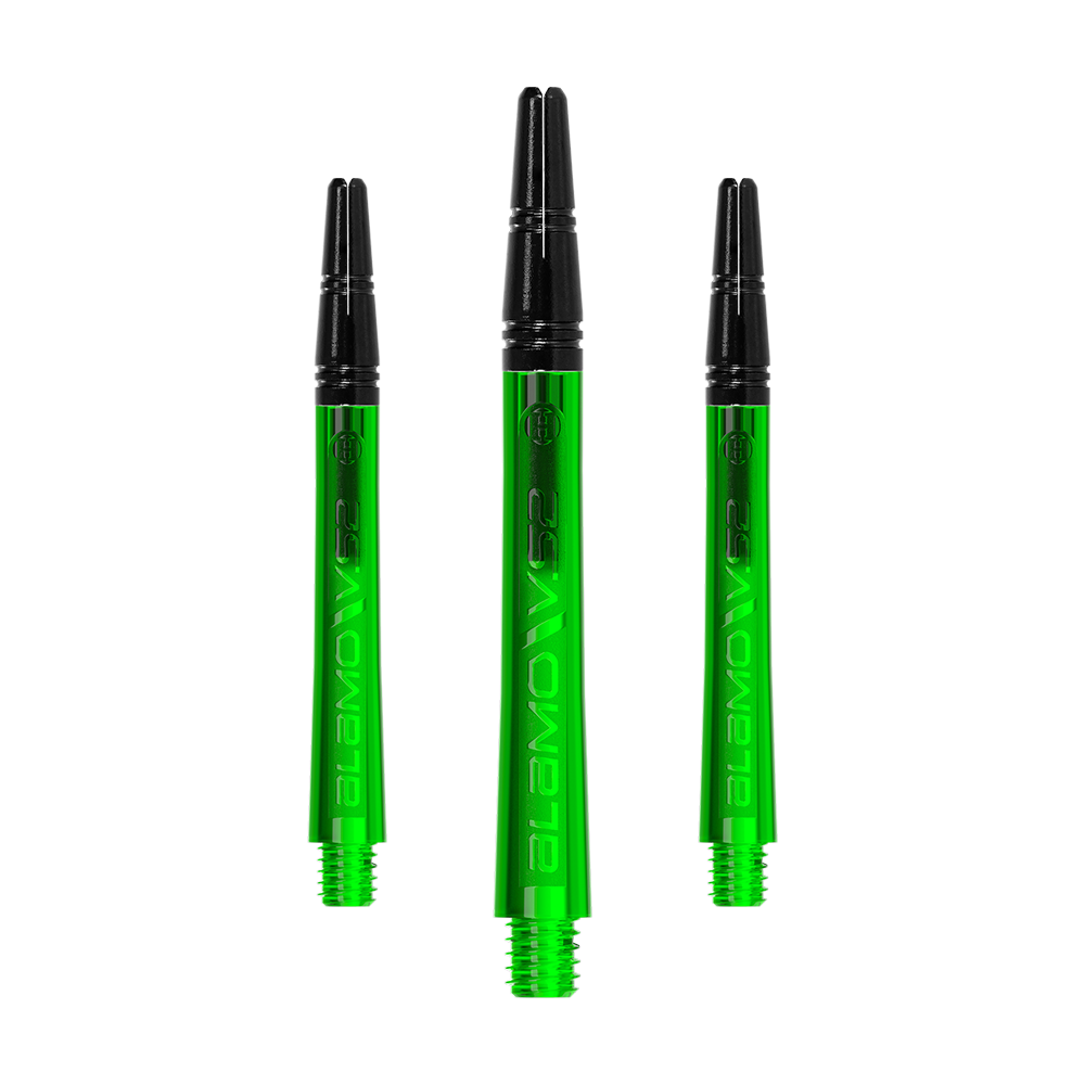Varillas Harrows Alamo VS2 - Verde Auf dem Bild sind drei grüne Dartschäfte mit schwarzem oberen Teil zu sehen. Sie sind gleich groß und haben auf der Seite die Aufschrift "ALAMO VS2".