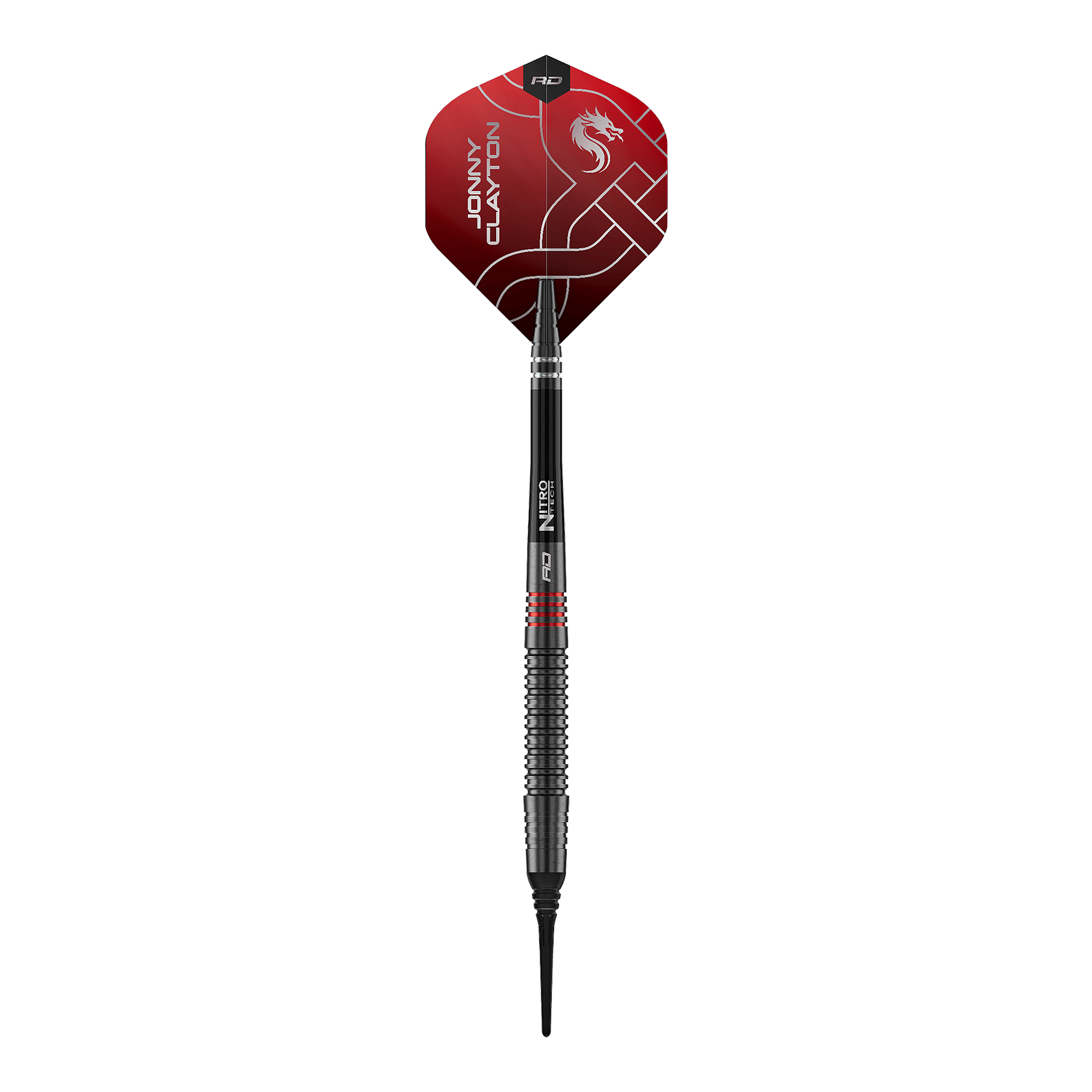 Dardos blandos Red Dragon Jonny Clayton RD-ADV - 18 g Das Bild zeigt die Red Dragon Jonny Clayton RD-ADV Softdarts - 18g. Ein einzelner Softdart wird von oben präsentiert.