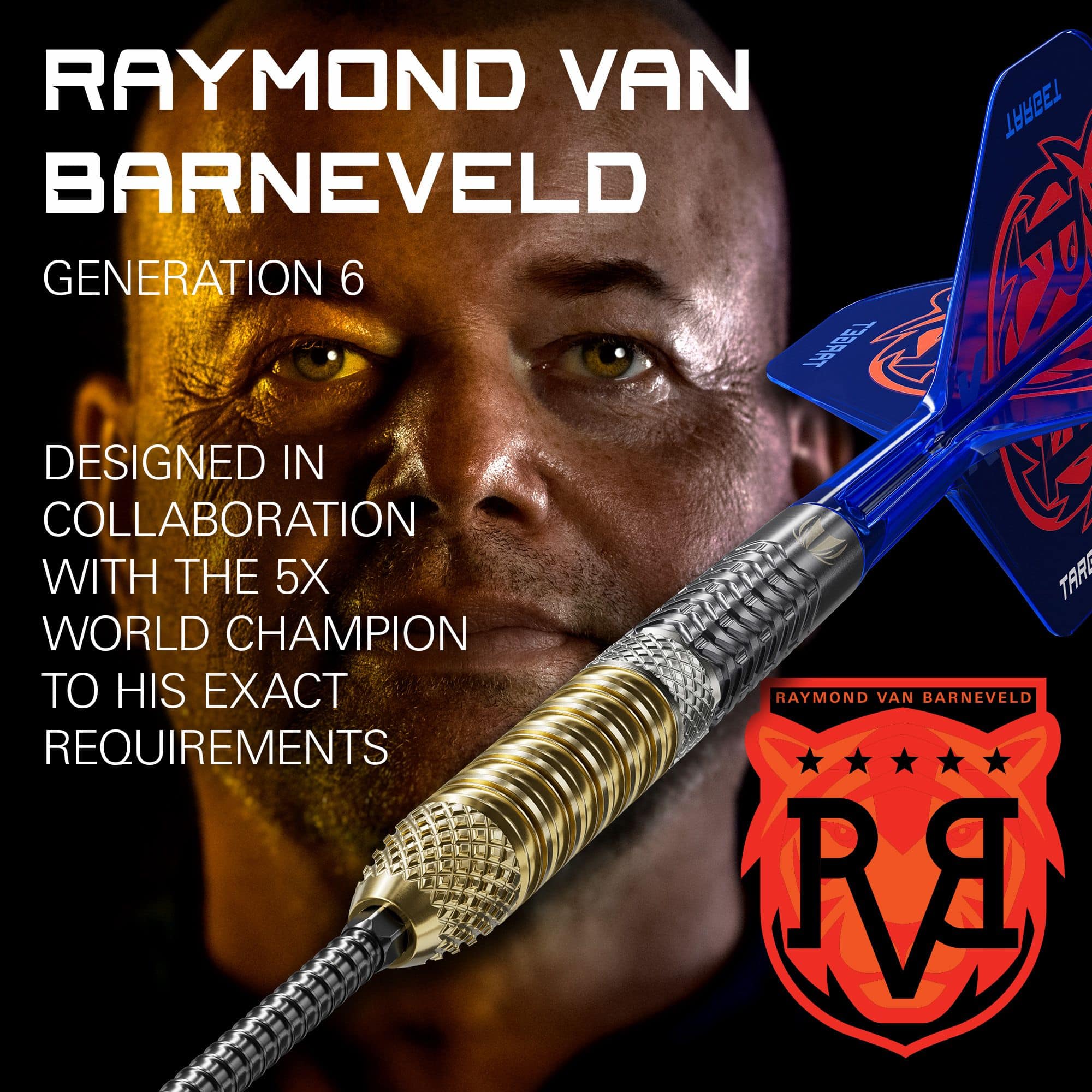 Target Raymond Van Barneveld GEN6 Dardos de acero con punta suiza Das Foto präsentiert die Target Raymond Van Barneveld GEN6 Swiss Point Steeldarts. Das Design der Darts ist modern und von Raymond Van Barneveld inspiriert.