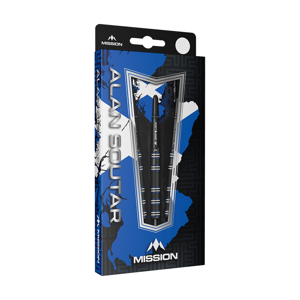 M001355_Mission_Alan_Soutar_Black_Titanium_Steeldarts_3 Die Abbildung zeigt die "Mission Alan Soutar Black Titanium Steeldarts - 24g" in ihrer Verpackung. Die Verpackung ist überwiegend blau und schwarz gestaltet und zeigt die drei enthaltenen Darts.