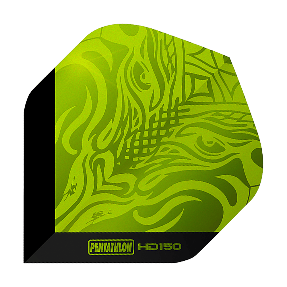 Plumas estándar Pentathlon HD150 verde metalizado Hier ist ein einzelner Pentathlon HD150 Metallic Standard Flight zu sehen. Die Oberfläche wirkt strukturiert.