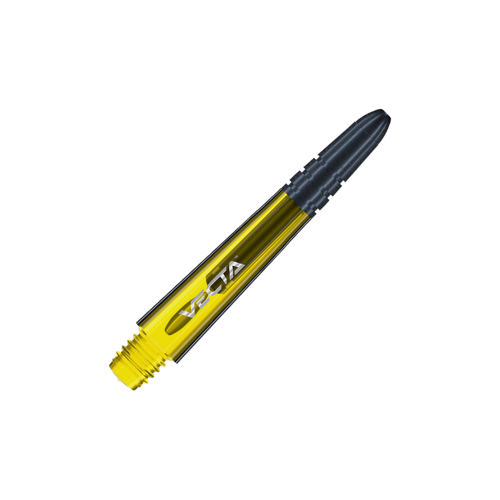 7025-106_Winmau_Vecta_Shafts_Gelb_34mm_2 Das Bild zeigt einen Winmau Vecta Shaft in der Farbe Gelb. Der Schaft hat ein modernes Design mit einer schwarzen Spitze und der Aufschrift "VECTA".
