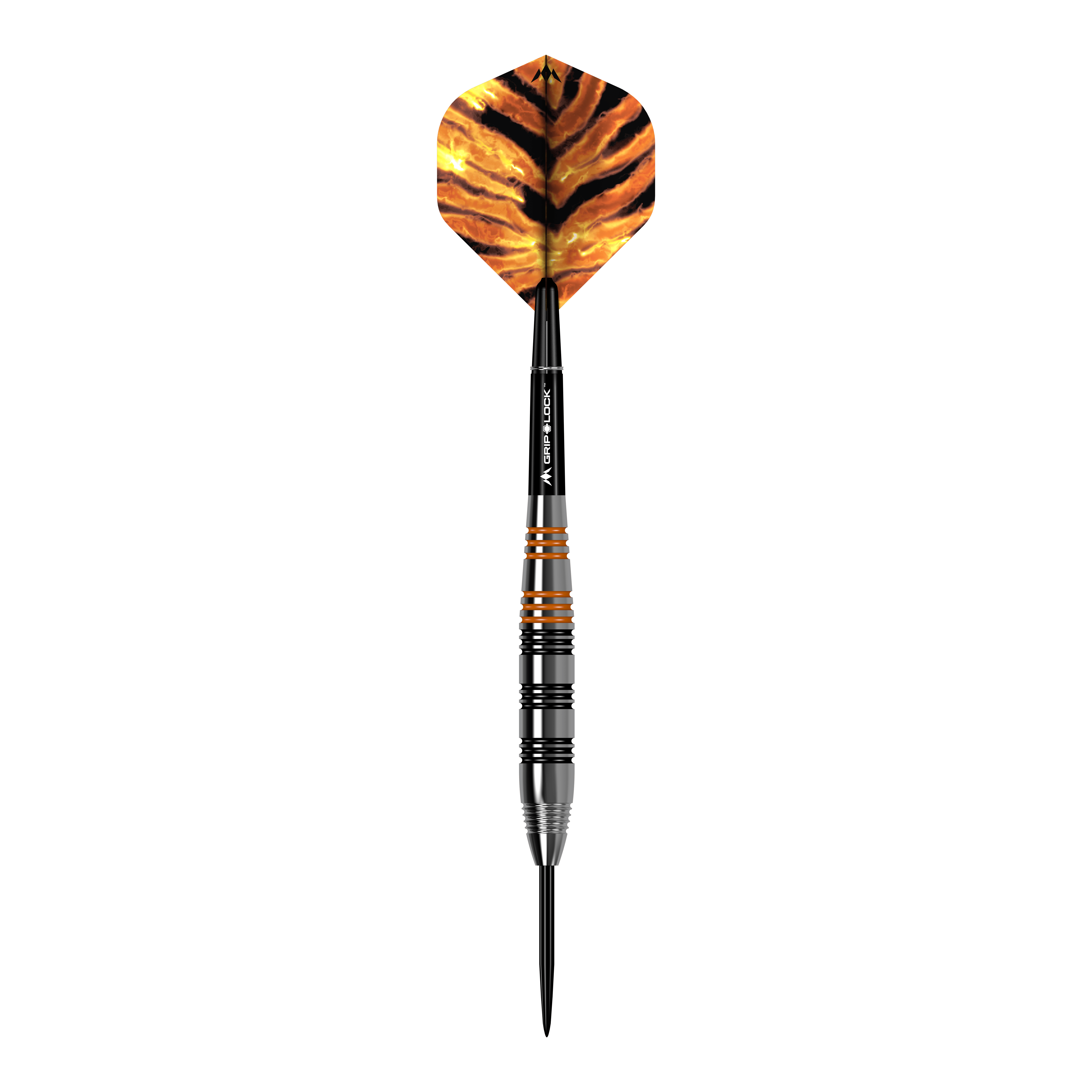 Dardos Mission Javan de latón y acero - 22 g Das Bild zeigt einen Steeldart namens "Mission Javan Brass Steeldarts - 22g". Der Dart hat schwarze und orangefarbene Akzente sowie eine Flügel mit einem Tigerstreifenmuster.