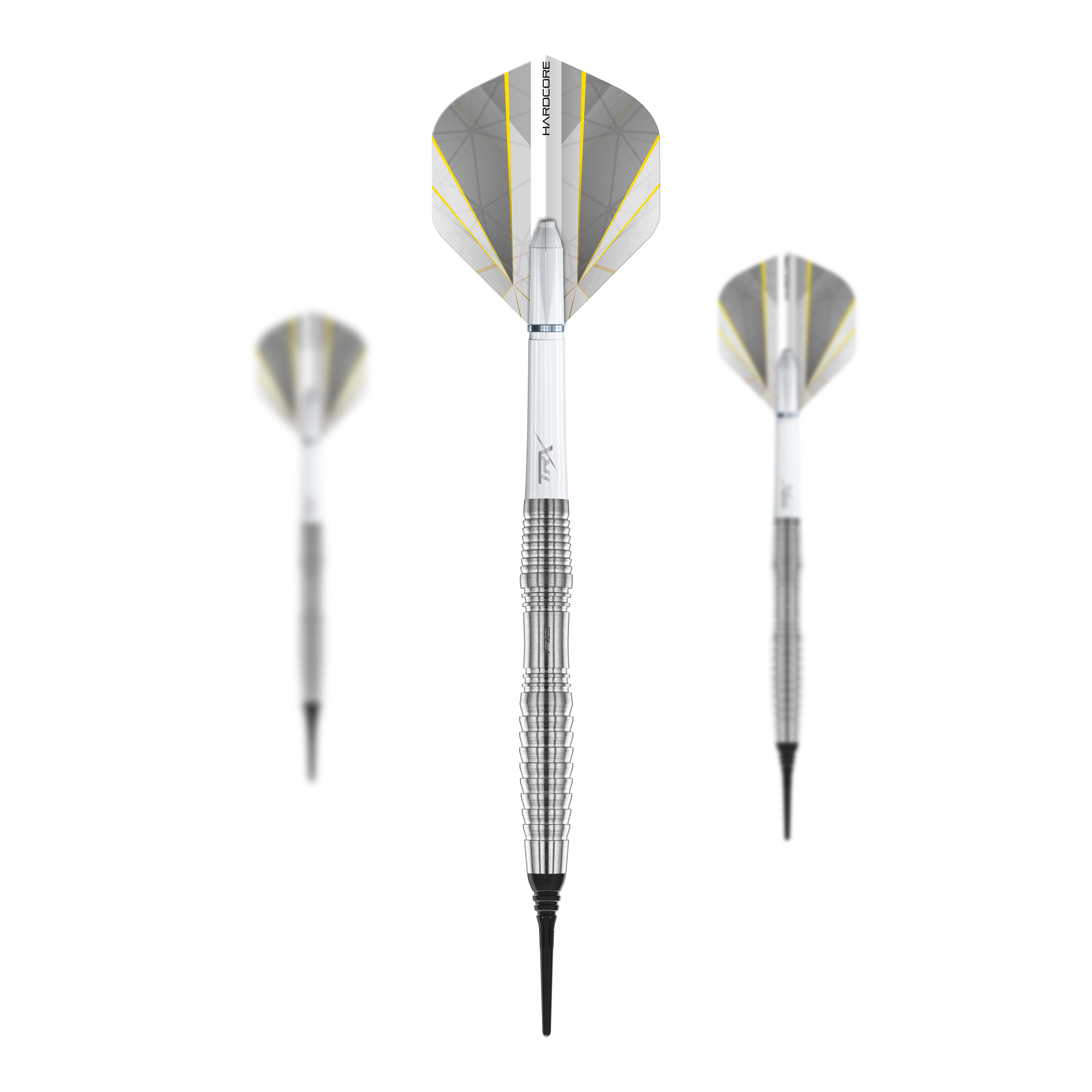 Dardos blandos Red Dragon Seren 3 Pure - 20 g Das Bild zeigt drei Softdarts des Modells "Red Dragon Seren 3 Pure" mit einem Gewicht von 20g. Die Darts sind silberfarben mit weißen und gelben Flights.