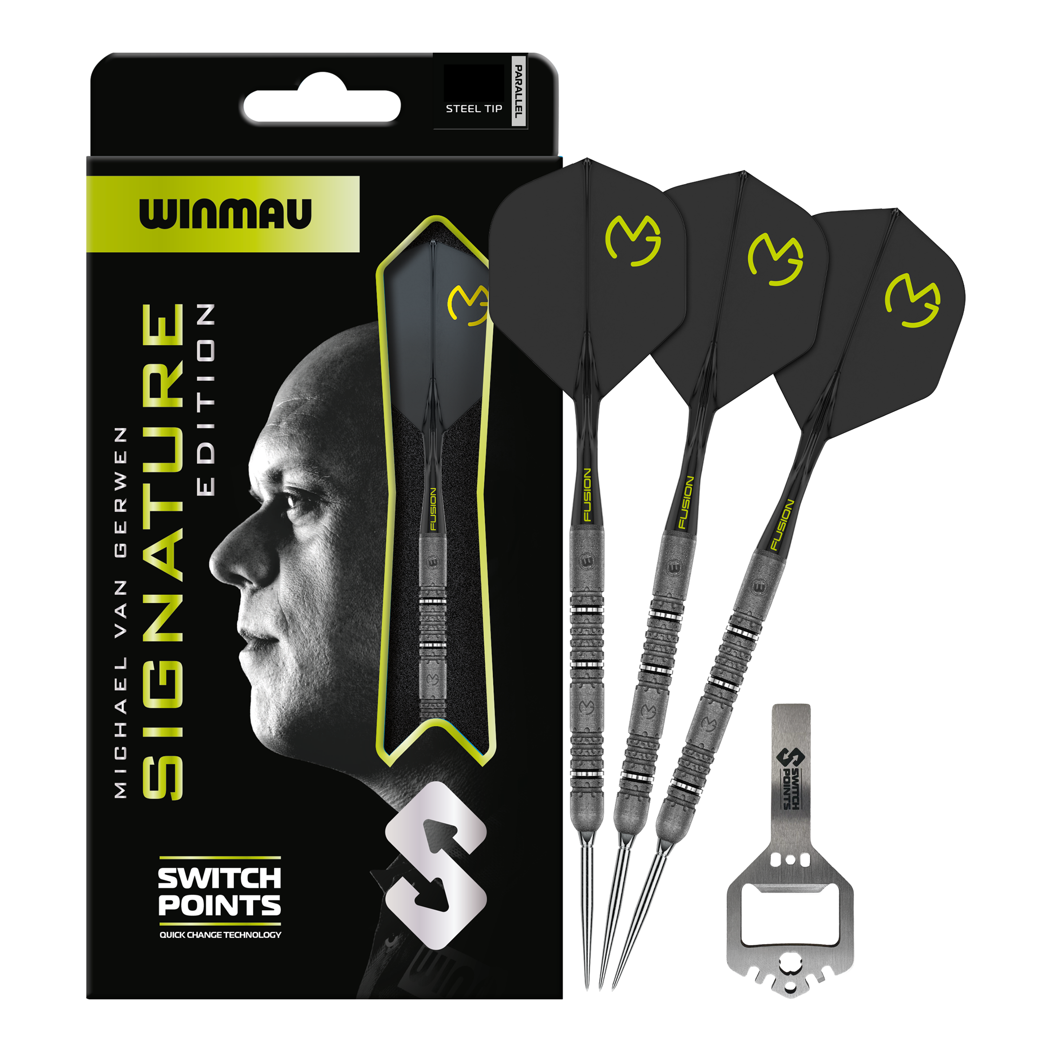 Winmau Michael van Gerwen Signature Edition Switch Points Dardos de acero Das Bild zeigt die Winmau MvG Signature Edition Switch Points Steeldarts. Es handelt sich um hochwertige Steeldarts speziell für Profis und Sammler.