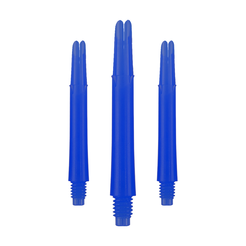 Ejes en L bloqueados rectos estilo L - Azul Auf dem Bild sind drei blaue, gerade Dartschäfte zu sehen. Sie haben ein Schraubgewinde am unteren Ende und sind in einer Reihe angeordnet.