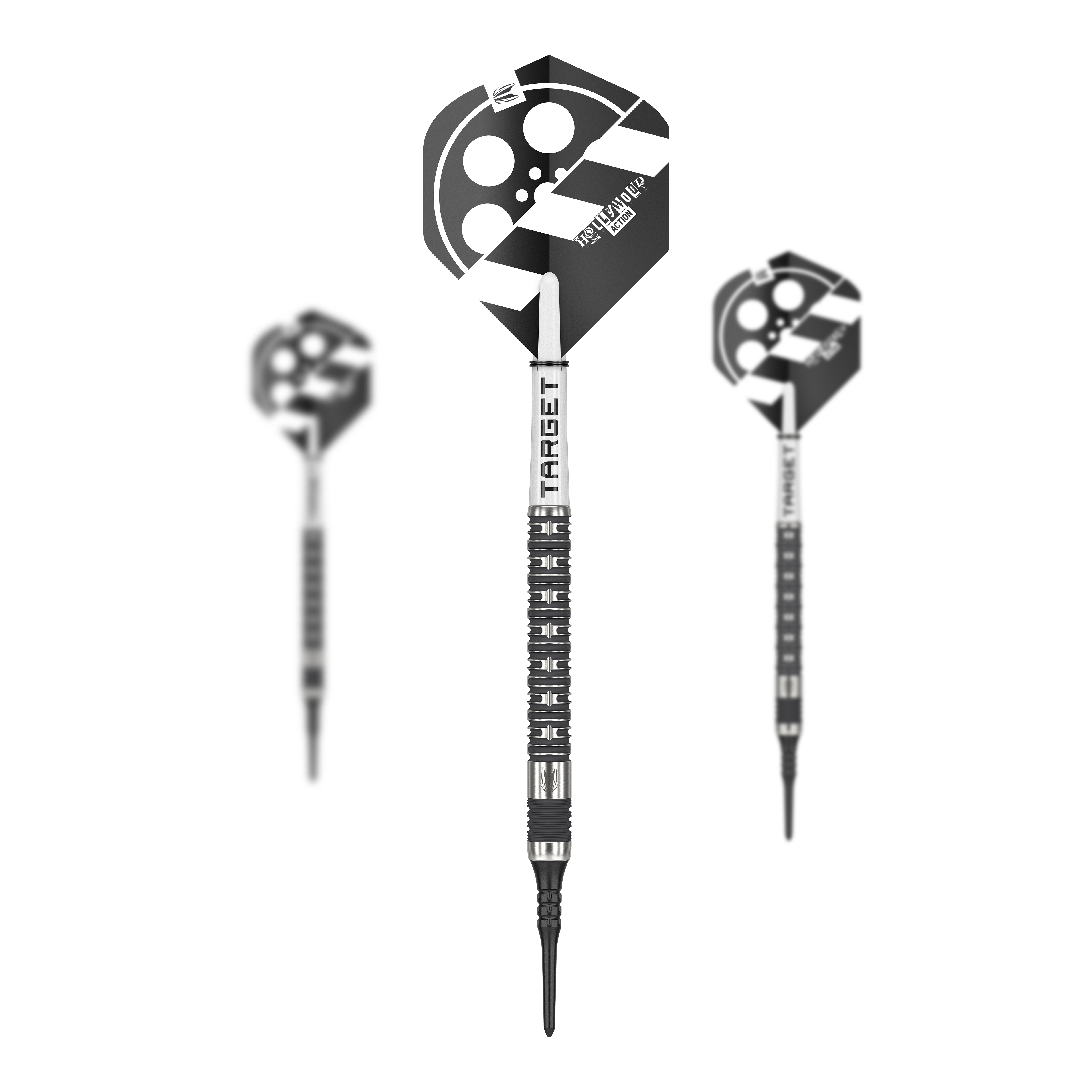 Dardos blandos Target Chris Dobey Hollywood Action - 20 g Das Bild zeigt drei Softdarts des Produkts "Target Chris Dobey Hollywood Action Softdarts - 20g". Die Flights der Darts sind mit einem schwarz-weißen Hollywood-Design verziert.