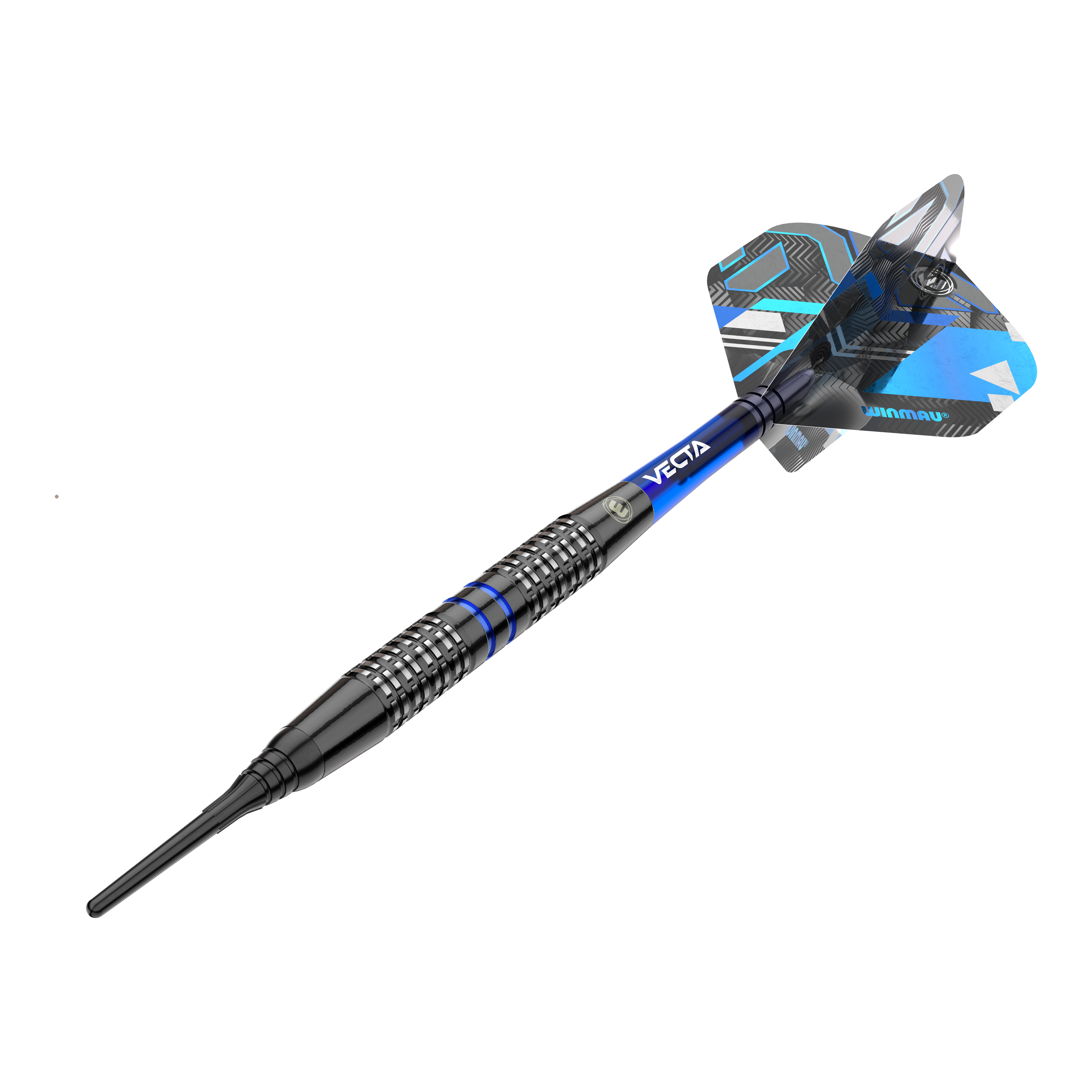 Dardos blandos Winmau Galactics - 20 g Das Bild zeigt einen Winmau Galactics Softdart mit einem Gewicht von 20 Gramm. Der Dart ist überwiegend schwarz mit blauen Akzenten und verfügt über ein modernes Design.