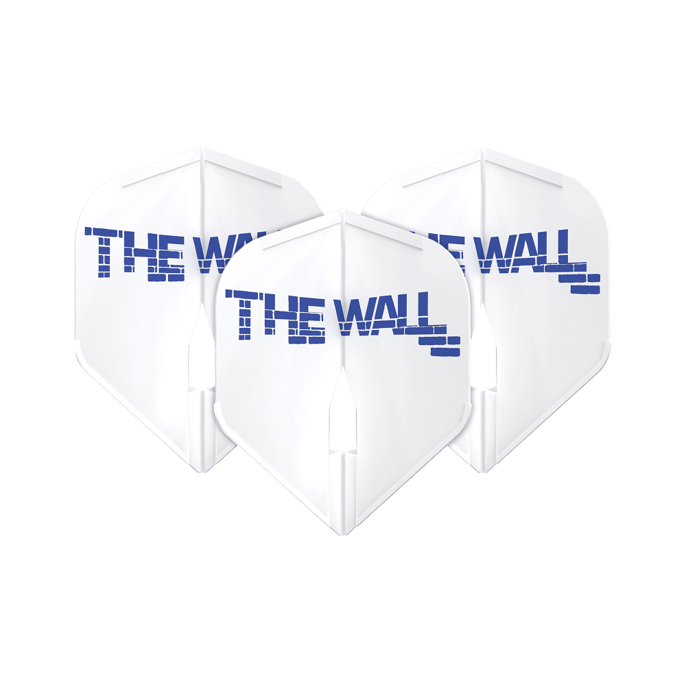 Vuelos Martin Schindler L-Style blancos L1PRO Das Bild zeigt drei weiße Dartflights mit der Aufschrift "THE WALL" in blauer Schrift. Die Flights sind das Modell "L-Style Martin Schindler Weiß L1PRO".