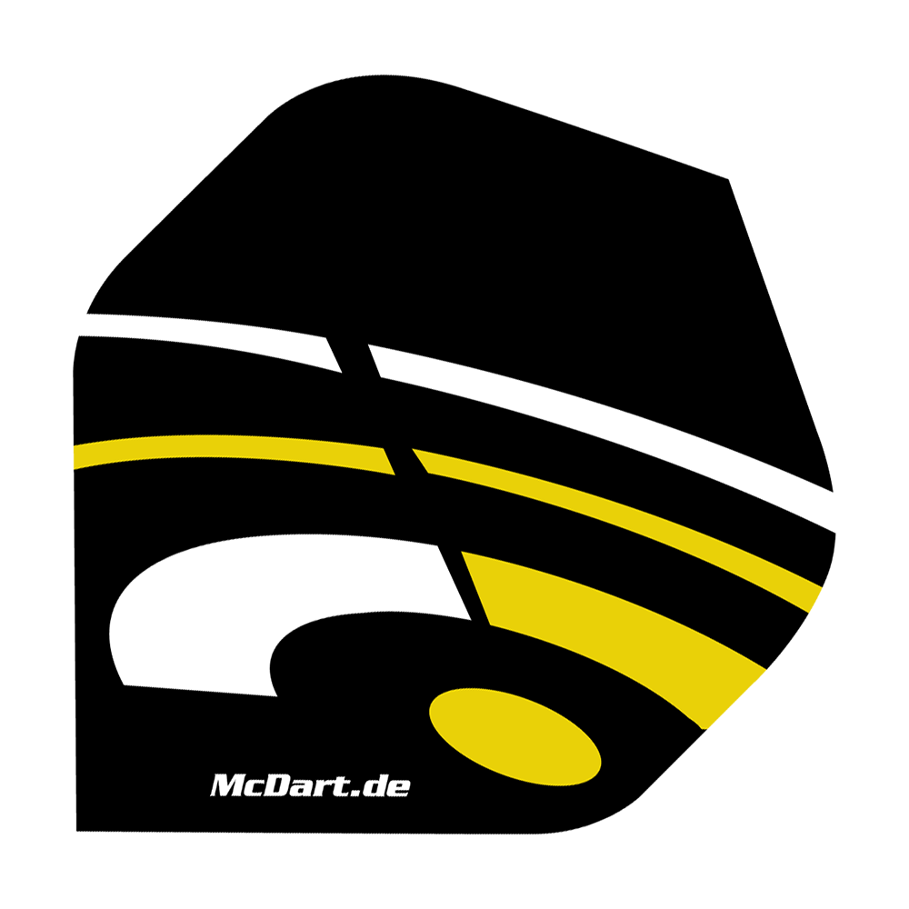 Vuelos estándar McDart ID - Amarillo Das Bild zeigt ein McDart ID Standard Flight in den Farben Schwarz, Gelb und Weiß. Auf dem Flight ist auch die Webseite "McDart.de" aufgedruckt.