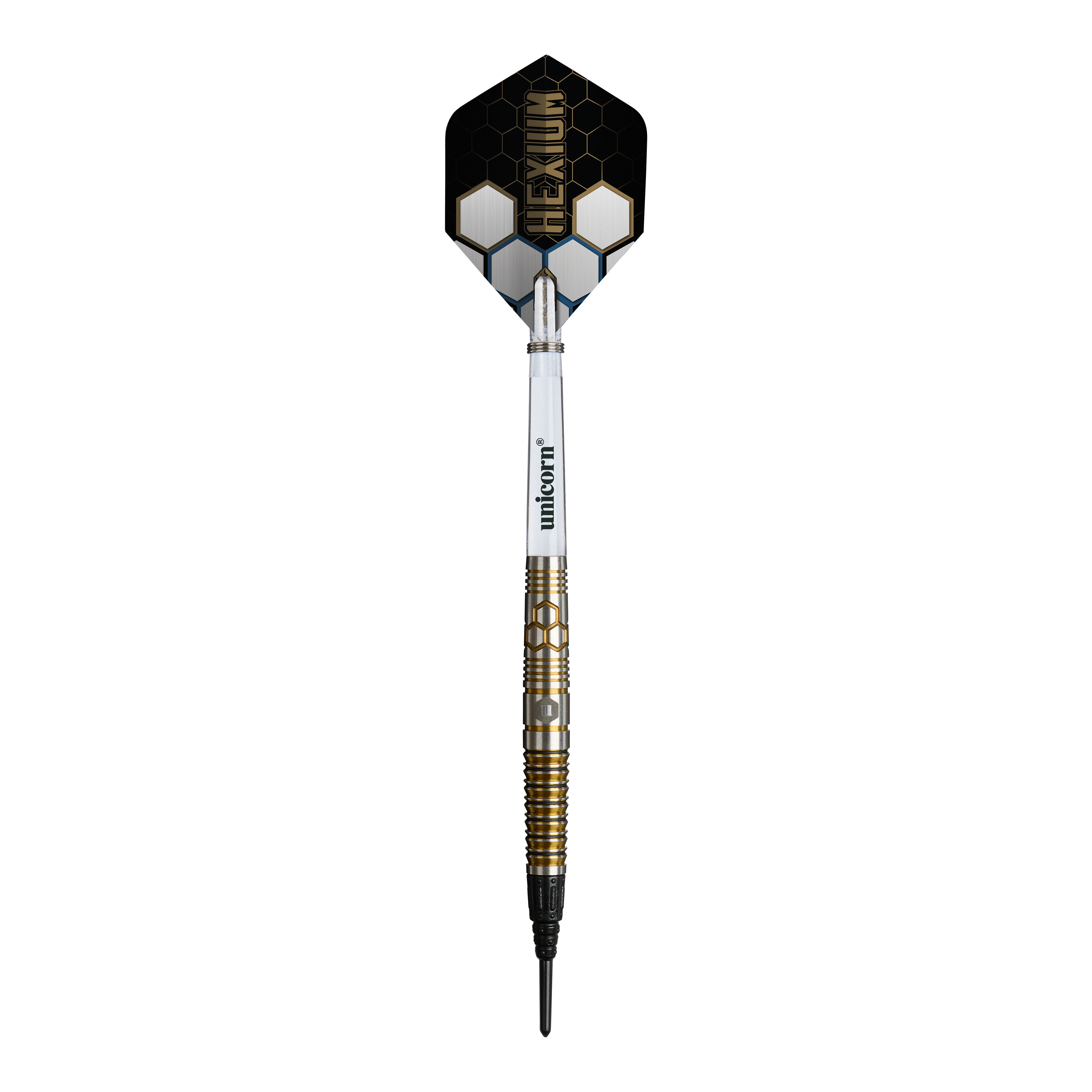Dardos blandos Unicorn Hexium Style 03 dorados y negros - 23 g Das Bild zeigt die Unicorn Hexium Style 03 Gold & Black Softdarts mit 23g Gewicht. Die Darts sind in den Farben Gold und Schwarz gestaltet.