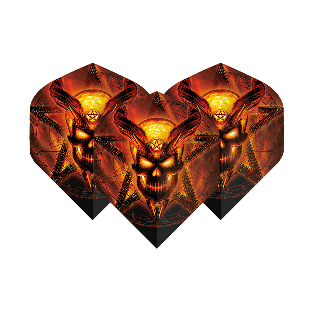 Alchemy Burning Temple No2 Vuelos estándar Die Abbildung zeigt drei Dart-Flights mit einem brennenden, dämonischen Totenkopf-Design vor einem Pentagramm. Die Farben sind hauptsächlich feuriges Rot und Gelb, was dem Produkt ein auffälliges und dramatisches Aussehen verleiht.