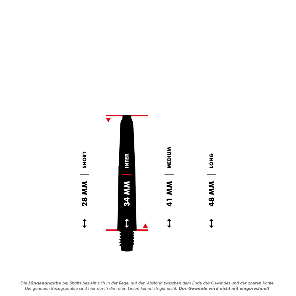 _McDart_Scope_Nylon_Shafts_5_34mm Das Bild zeigt die McDart Scope Nylon Shafts in verschiedenen Längen. Die Längen sind 28 mm (Short), 34 mm (Inter), 41 mm (Medium) und 48 mm (Long) angegeben.