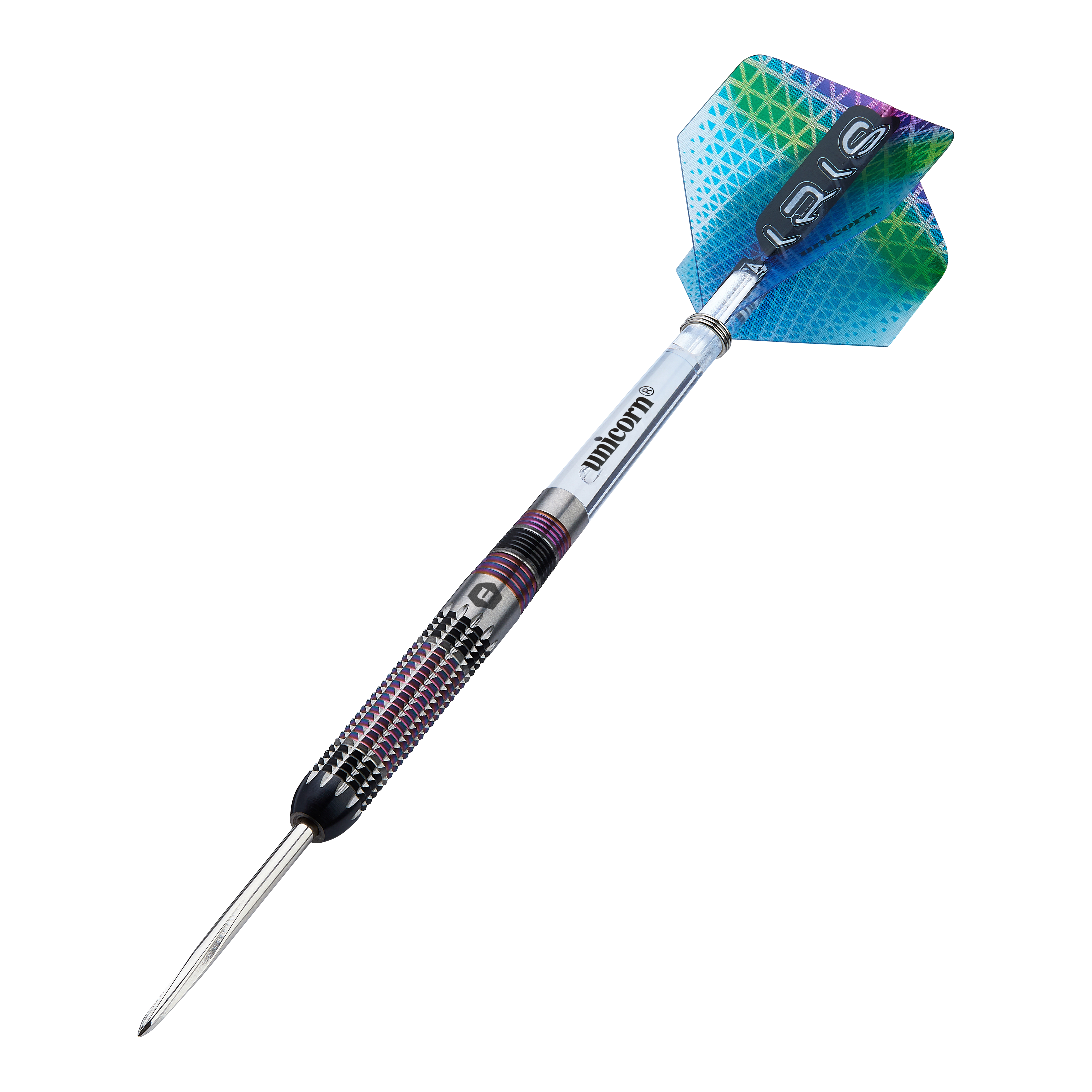 Dardos de acero Unicorn Iris Unicorn Iris Steeldarts sind als Set abgebildet. Die Darts haben eine auffällige Form.