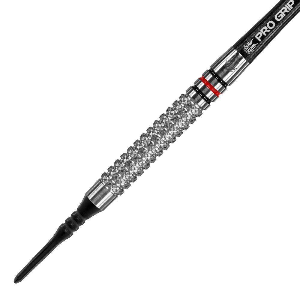 Dardos blandos Target Vapor8 05 - 18 g Das Bild zeigt einen Target Vapor8 05 Softdart mit einem Gewicht von 18 Gramm. Der Dart hat eine strukturierte Griffoberfläche und eine schwarze Pro Grip Shafts.
