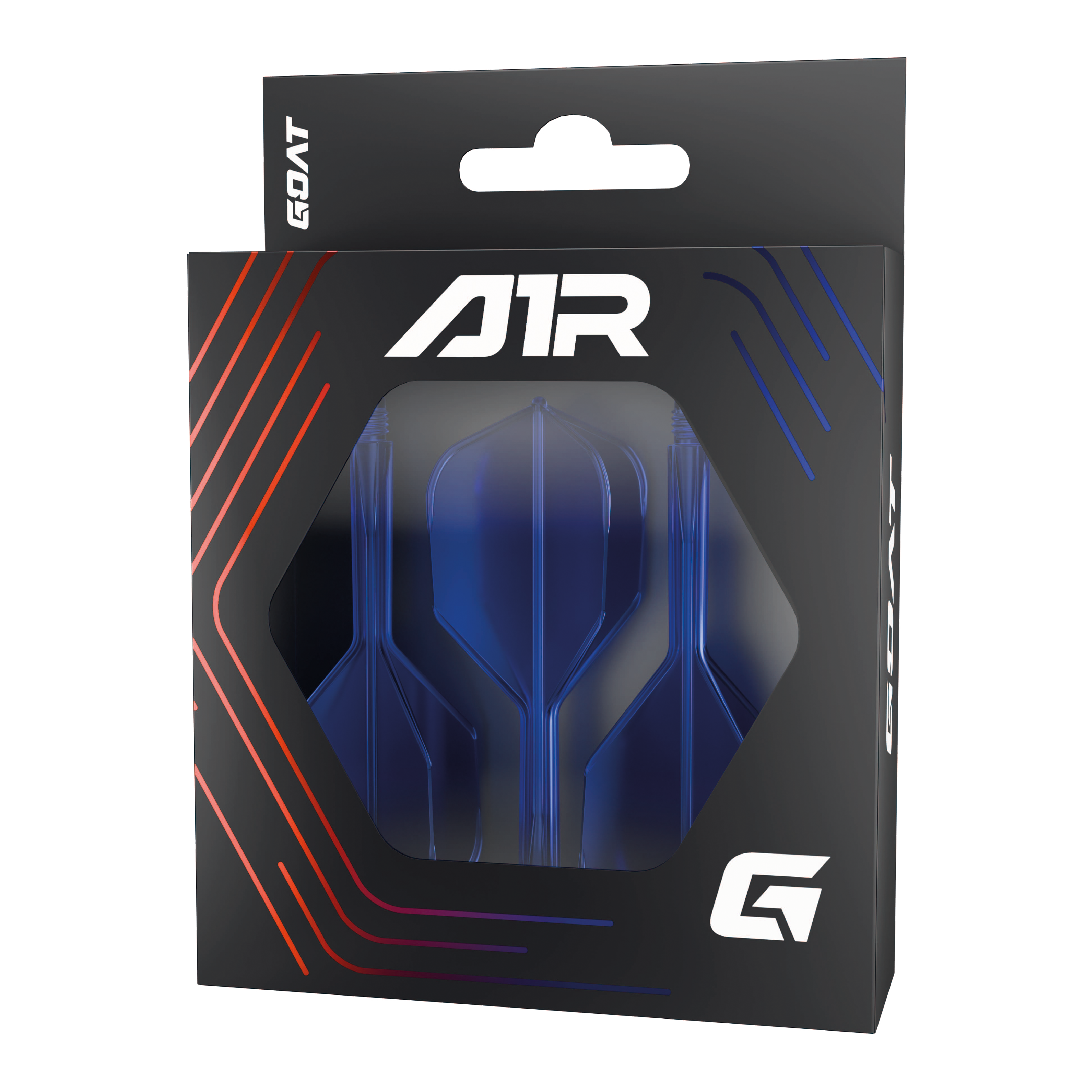 Sistema de eje de vuelo GOAT A1R No6 - Azul Die Abbildung zeigt das Produkt "GOAT A1R No6 Flight-Shaft-System - Blau" in seiner Verpackung. Im Inneren sind blaue Dart-Flights und -Schäfte sichtbar.