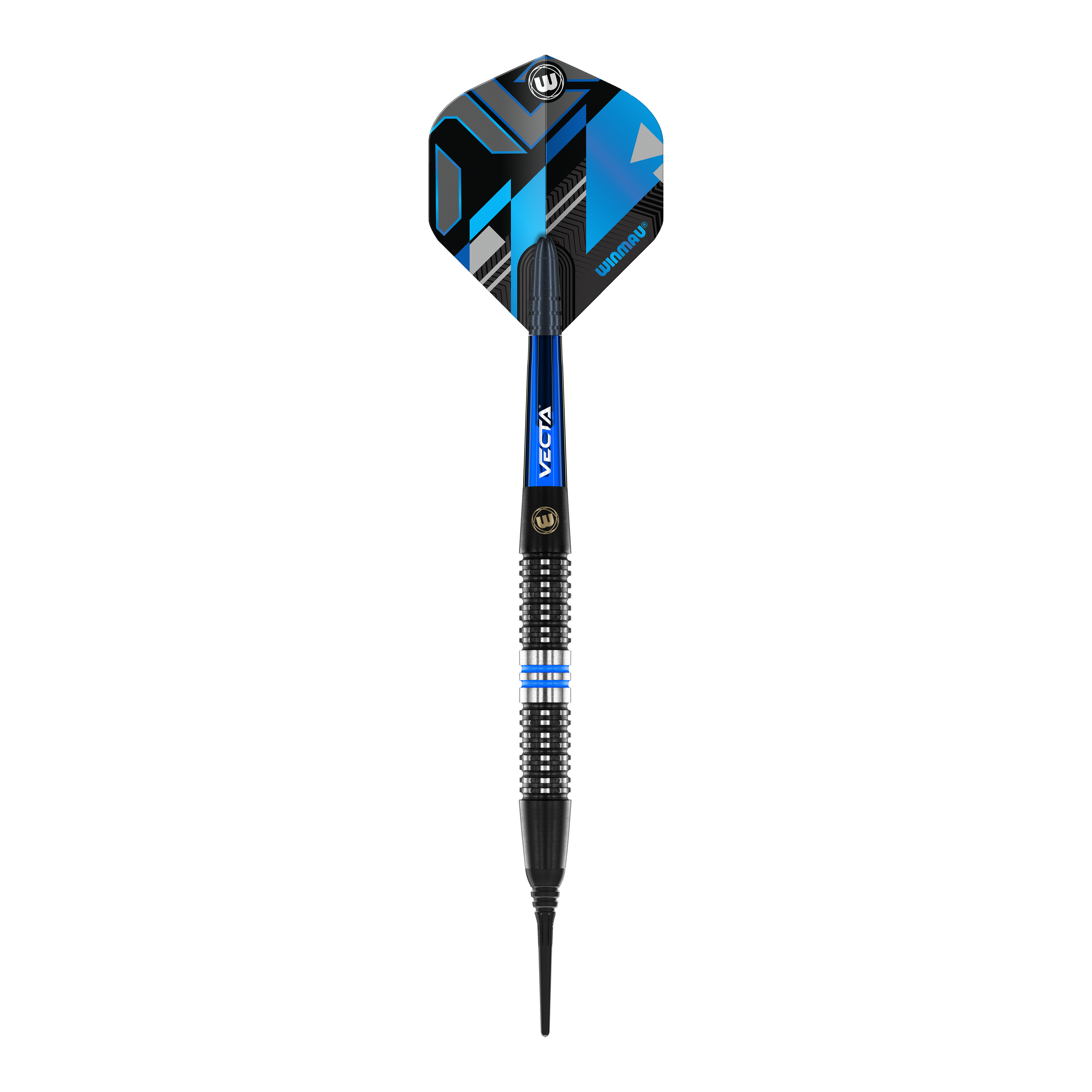 Dardos blandos Winmau Galactics - 20 g Das Bild zeigt einen Winmau Galactics Softdart mit einem Gewicht von 20 Gramm. Der Dart hat schwarze, blaue und silberne Akzente sowie eine moderne, geometrische Flight-Gestaltung.