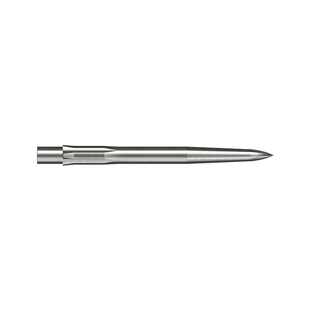 Puntas de dardos Caliburn System de acero - Lisas - Plateadas Auf dem Bild ist eine glatte, silberne Stahlspitze für ein Dart zu sehen. Sie ist lang und schmal und misst 28 mm.