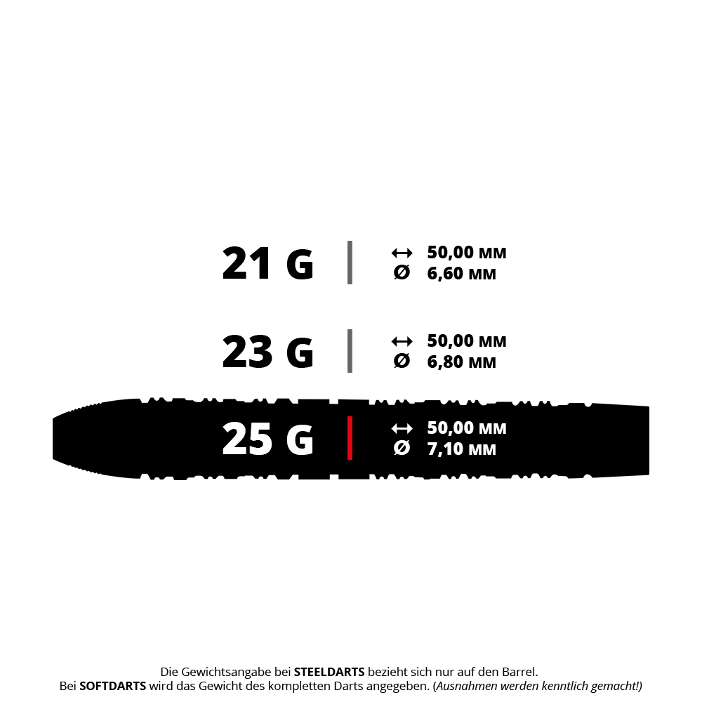 Das Bild zeigt drei verschiedene Gewichtsoptionen für Steeldarts: 21 g, 23 g und 25 g, jeweils mit einer Länge von 50,00 mm. Der Durchmesser variiert zwischen 6,60 mm, 6,80 mm und 7,10 mm.