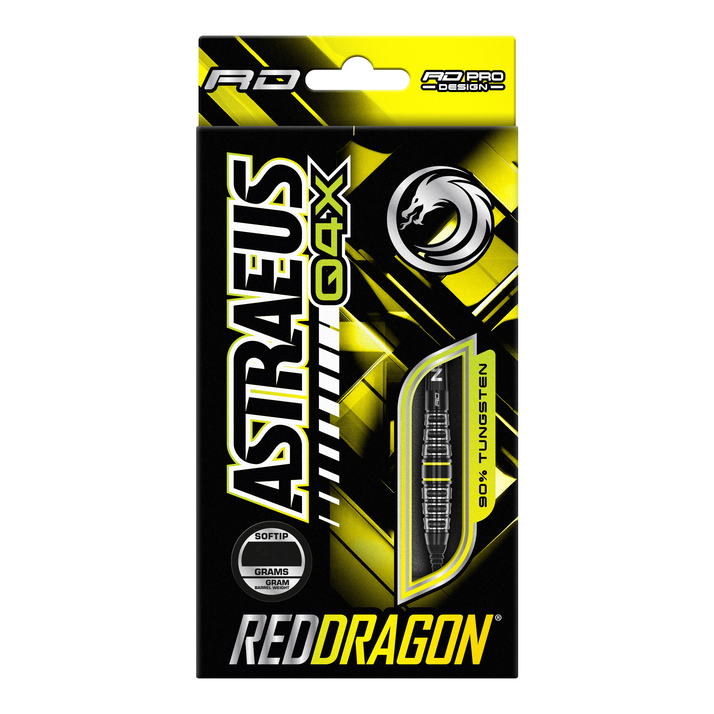 Dardos blandos Red Dragon Astraeus Q4X Torpedo - 20 g Die Verpackung zeigt die "Red Dragon Astraeus Q4X Torpedo Softdarts" mit einem Gewicht von 20g. Das Design ist in Schwarz und Gelb gehalten und hebt hervor, dass die Darts aus 90% Tungsten bestehen.