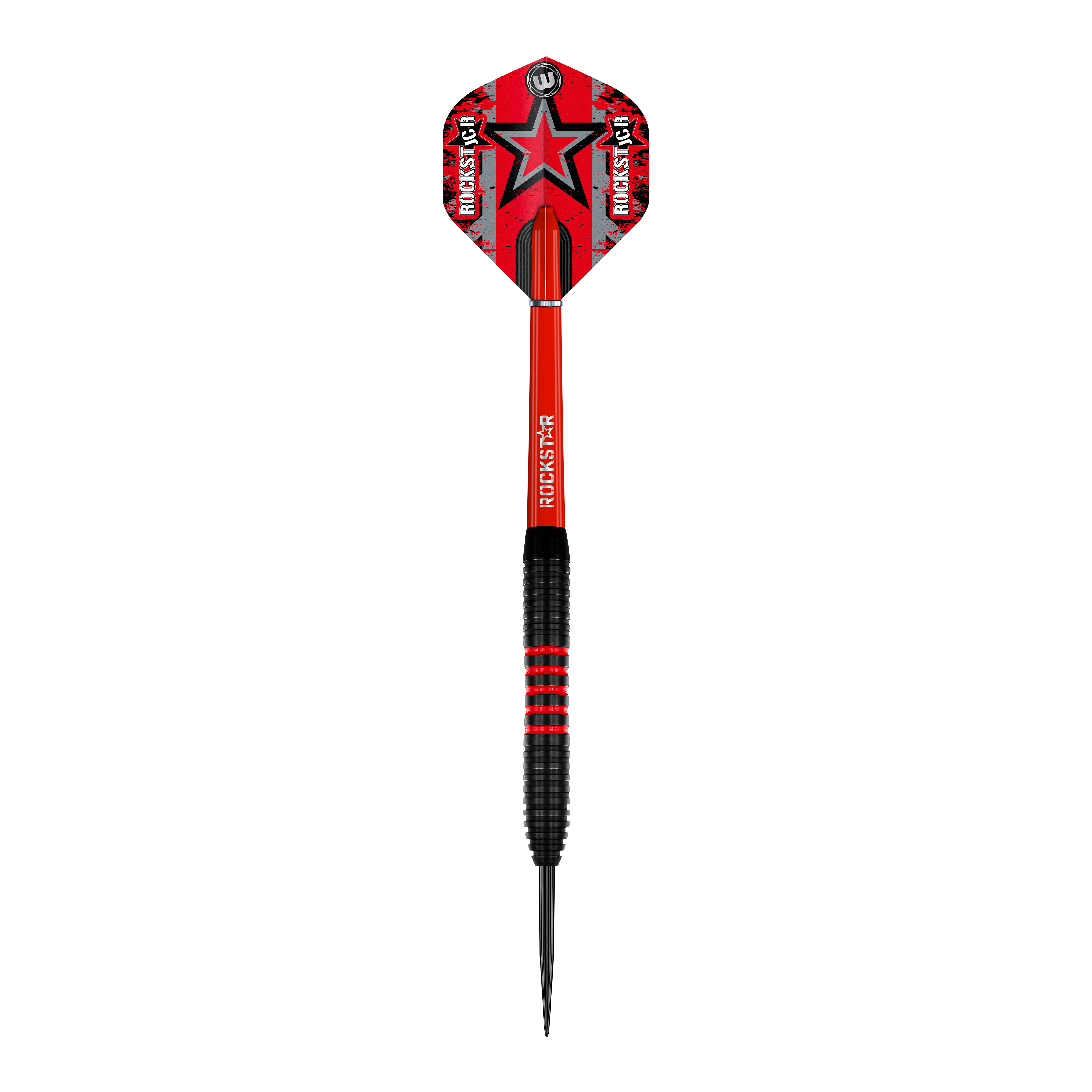 Dardos de acero de latón Winmau Joe Cullen - 20 g Das Bild zeigt einen Winmau Joe Cullen Brass Steeldart mit einem Gewicht von 20g. Der Dart ist überwiegend rot und schwarz gestaltet und trägt die Aufschrift "Rockstar" auf dem Schaft und dem Flight.