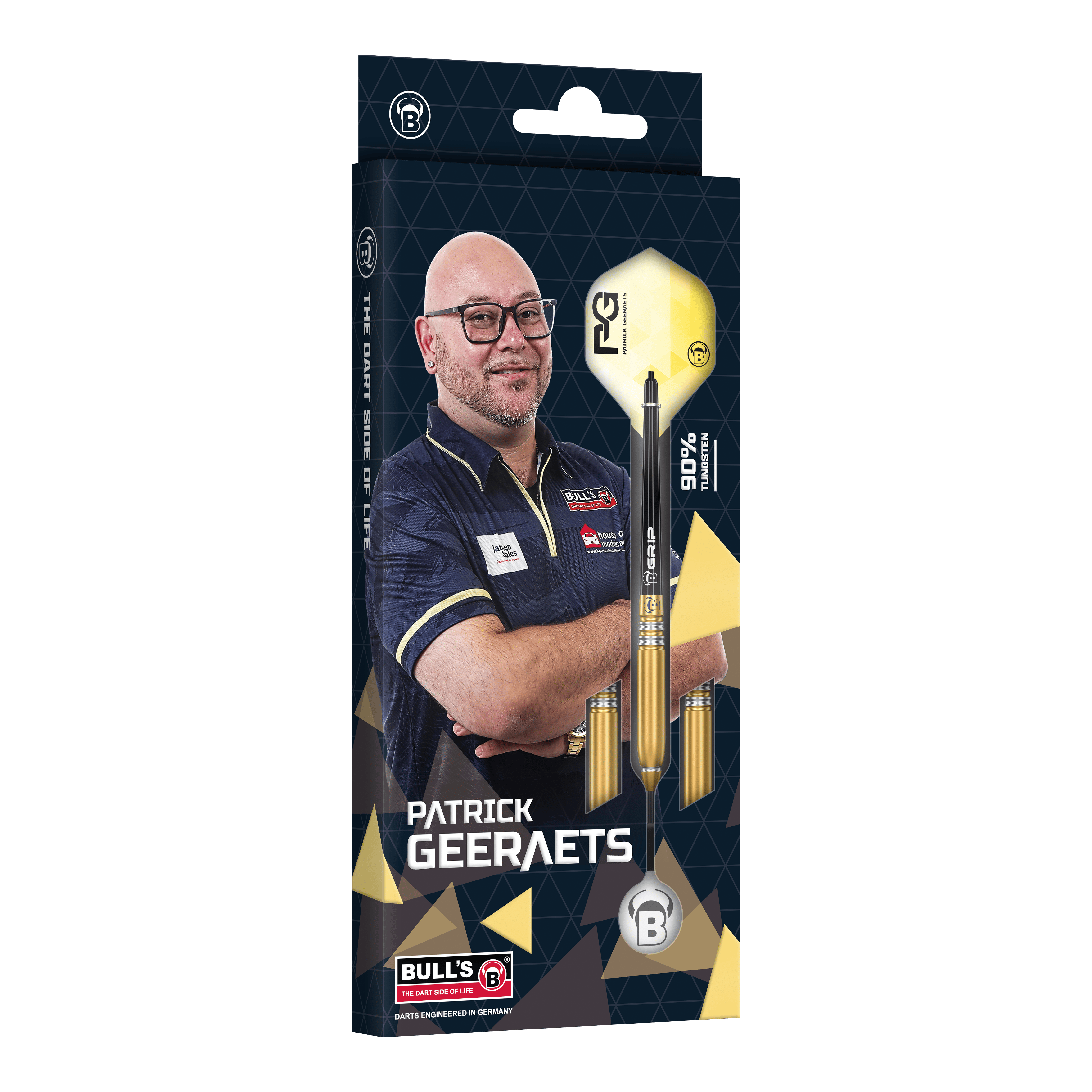 Auf dem Bild ist die Verpackung der "Bulls Patrick Geeraets Steeldarts - 23g" zu sehen. Auf der Vorderseite ist ein Foto von Patrick Geeraets sowie ein abgebildarter Dartpfeil.