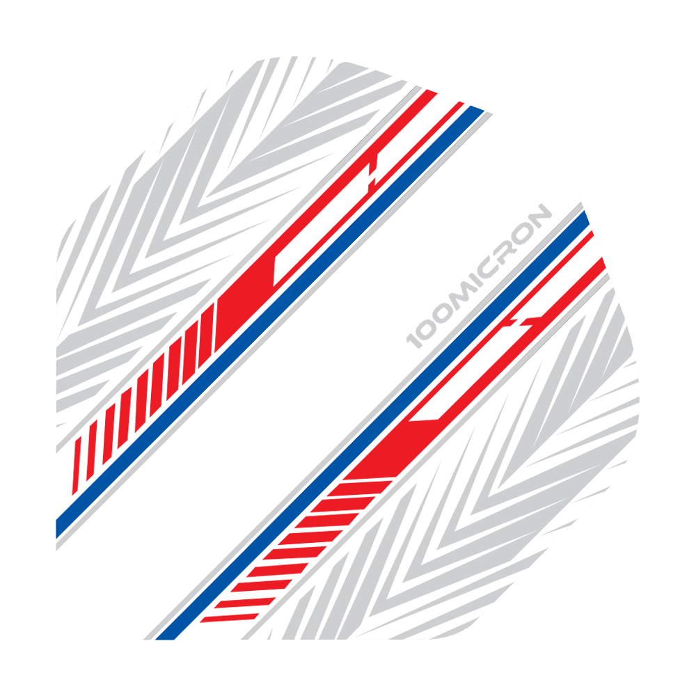 Vuelos de pentatlón blanco/rojo/azul Das Bild zeigt ein Dartflight in Weiß mit roten und blauen Streifen. Auf dem Flight steht „100 Micron“ und es hat ein geometrisches Muster im Hintergrund.