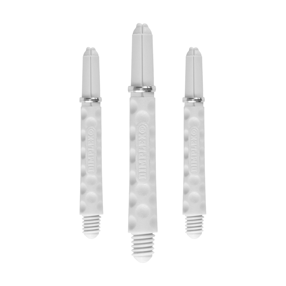 Harrows Dimplex Shafts - Weiß Auf dem Bild sind drei weiße Dart-Schäfte mit dimplex Struktur zu sehen. Sie stehen nebeneinander, wobei der mittlere Schaft etwas länger ist als die beiden äußeren.