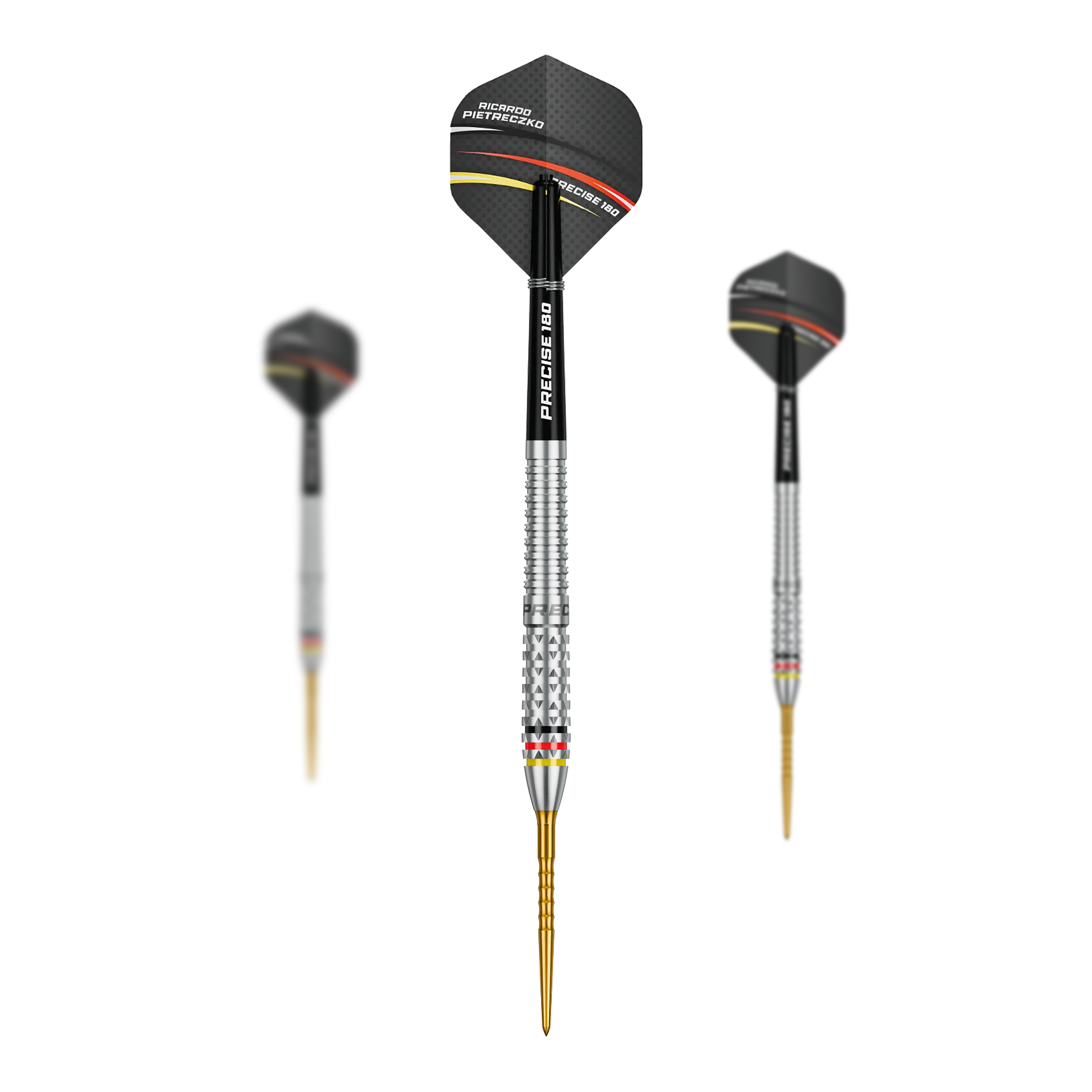 Das Bild zeigt ein Set der Precise 180 Ricardo Pietreczko GEN1 Steeldarts. Enthält mehrere Steeldarts für Wettkämpfe oder Training.