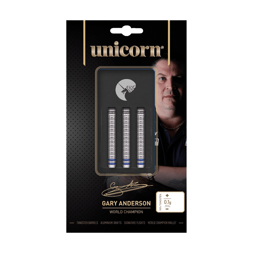 27444_Unicorn_World_Champion_Gary_Anderson_Phase_3_Steeldarts_3 Das Bild zeigt die Verpackung der "Unicorn World Champion Gary Anderson Phase 3 Steeldarts". In der Mitte sind drei Dart-Barrels zu sehen, daneben ist ein Bild von Gary Anderson abgebildet.