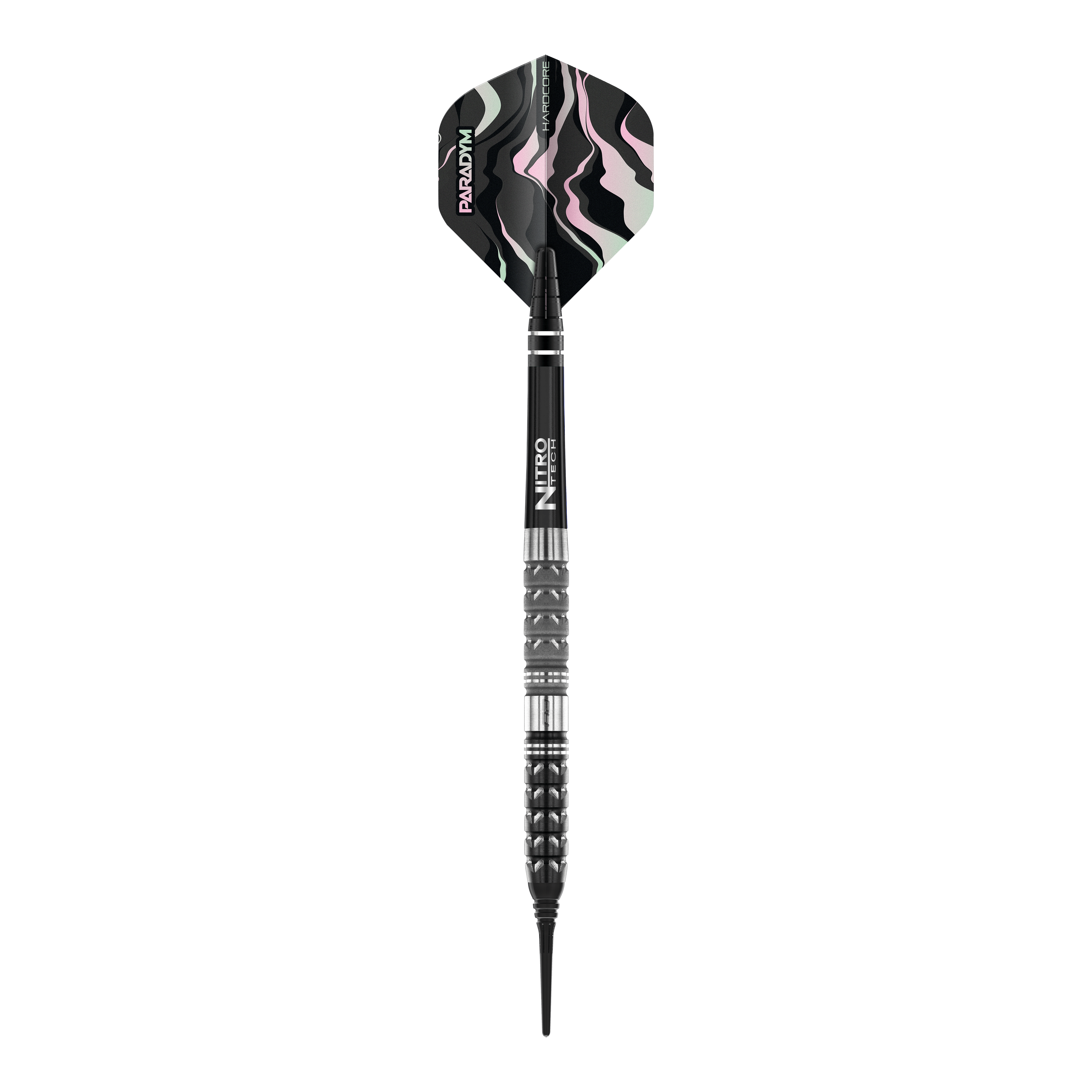 Dardos blandos cónicos Red Dragon Paradym - 20 g Das Bild zeigt einen Red Dragon Paradym Tapered Softdart mit 20g Gewicht. Der Dart hat ein modernes, schwarzes Design mit Details in Silber und einem gemusterten Flight.