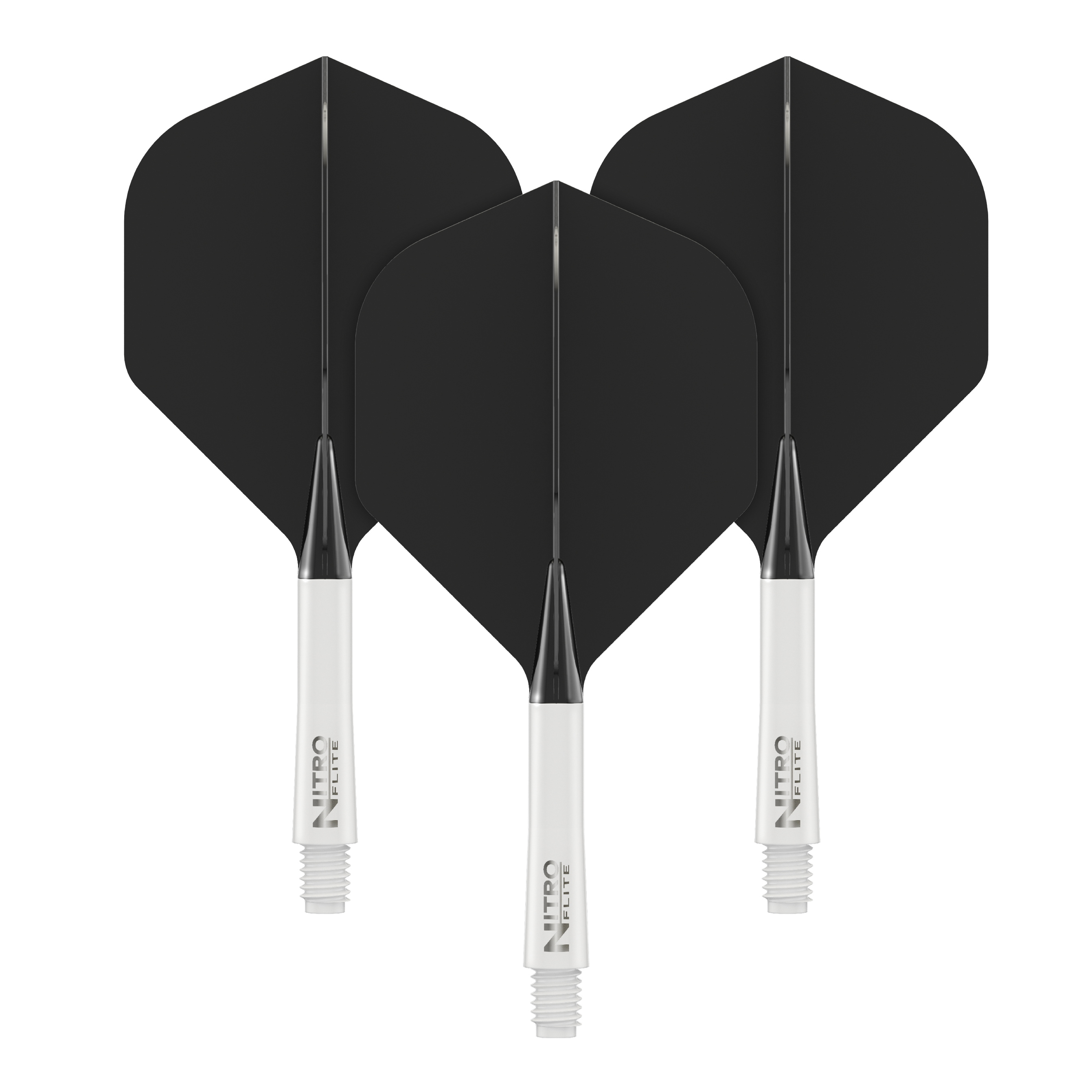 Red Dragon Nitroflite - Eje blanco, plumas negras nº 2 Auf dem Bild sind drei schwarze Dartflights mit weißen Shafts zu sehen. Sie stehen nebeneinander und zeigen das gleiche Design.