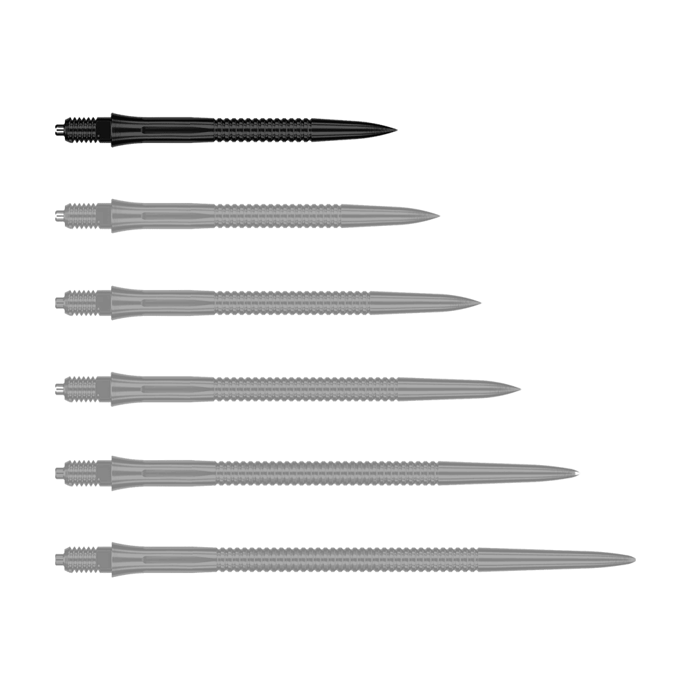 Puntas de dardo Caliburn EZ-EVO - Ranuradas - Negras Hier sieht man eine weitere EVO201 Caliburn EZ-EVO Dartspitze mit Rillen in Schwarz und einer Länge von 28 mm. Die Spitze ist speziell für Dartspieler geeignet.