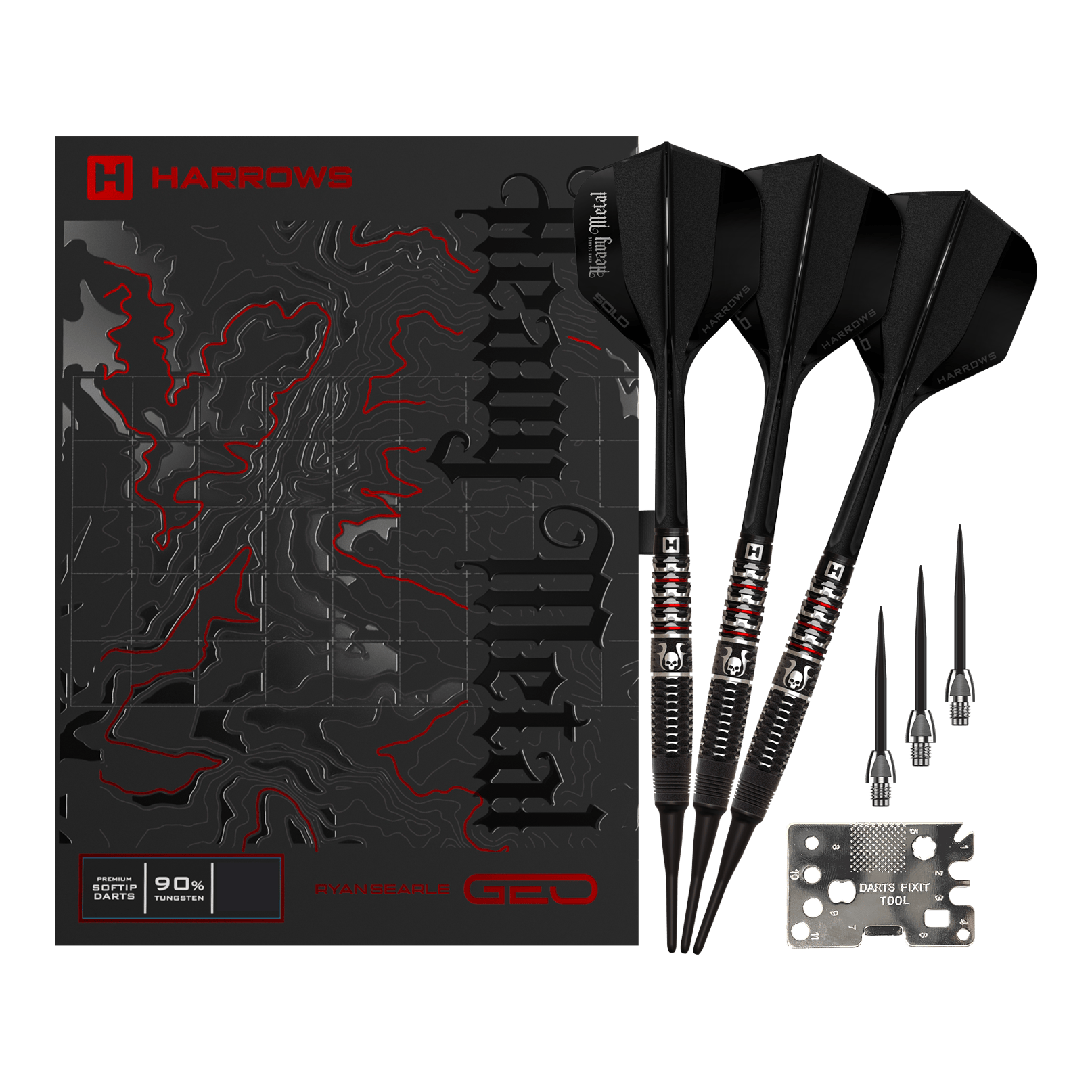 Harrows Ryan Searle Geo Softdarts - 20g Harrows Ryan Searle Geo Softdarts mit 20g Gewicht werden präsentiert. Sie sind silberfarben und filigran gestaltet.