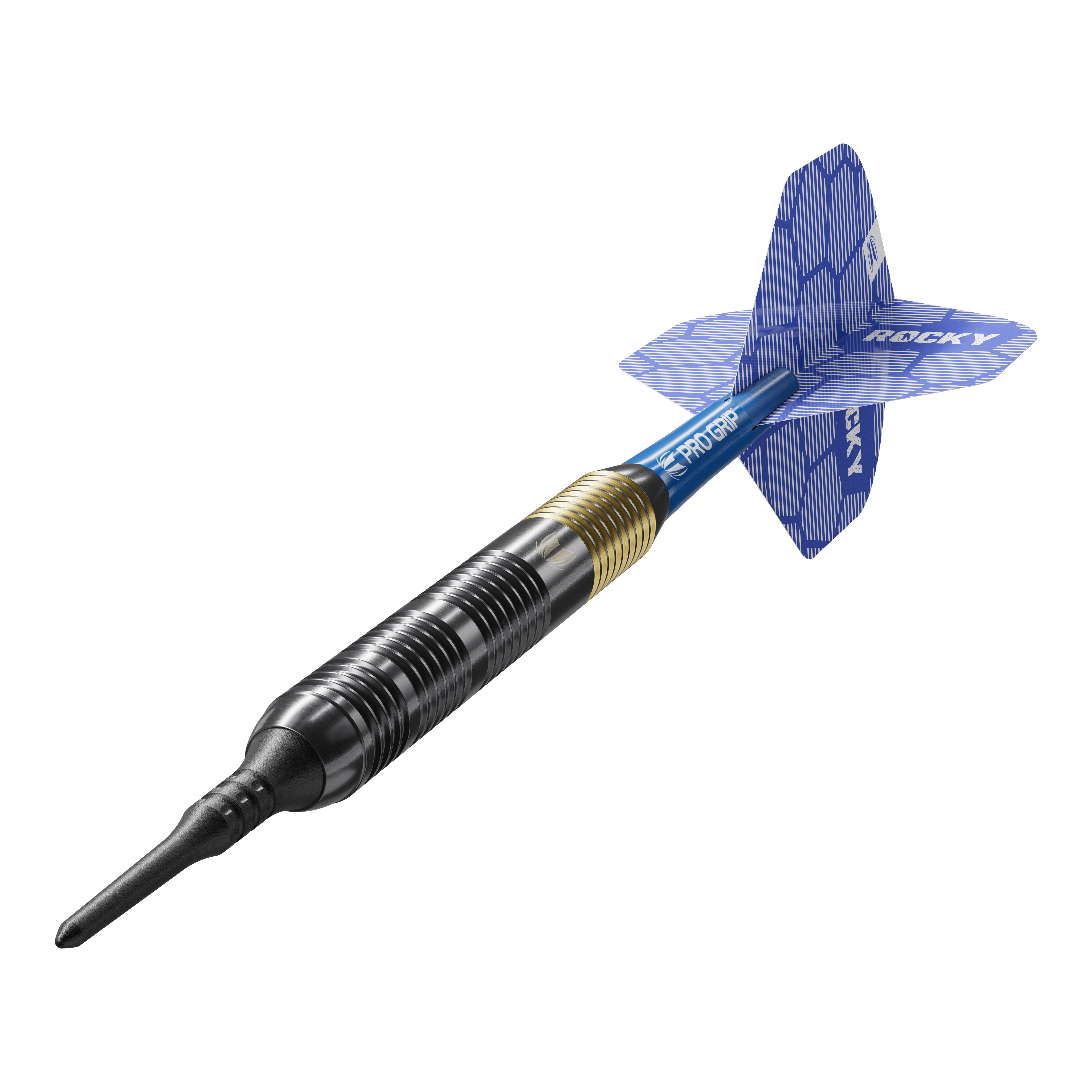 Dardos blandos Target Josh Rock Brass - 18 g Das Bild zeigt einen Target Josh Rock Brass Softdart mit einem Gewicht von 18 Gramm. Der Dart hat eine messingfarbene und schwarze Spitze sowie blaue Flights mit einem Muster.