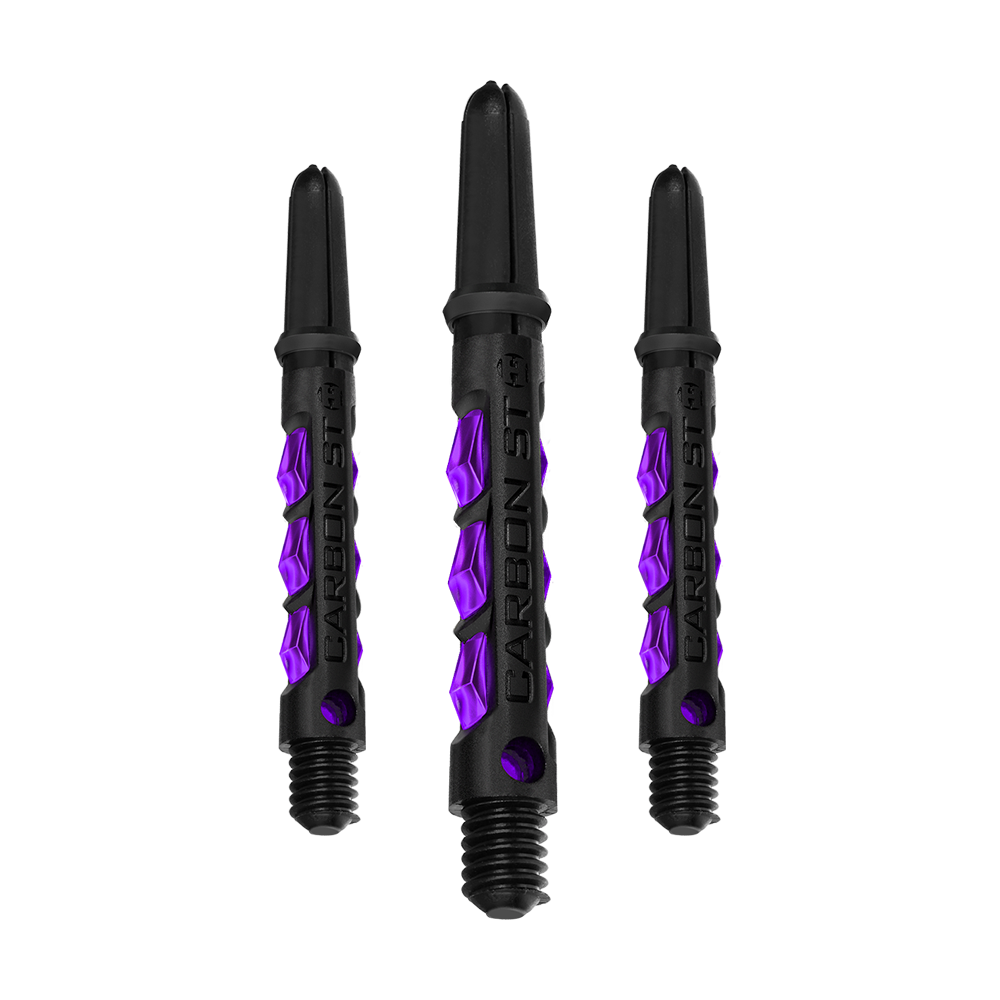 HR426_Harrows_Carbon_ST_Shafts_Lila_40mm_1fc2LyOmLsFmz8 Auf dem Bild sind drei Harrows Carbon ST Shafts in der Farbe Lila zu sehen. Die Dartschäfte bestehen aus schwarzem Material mit auffälligen, lilafarbenen Akzenten.