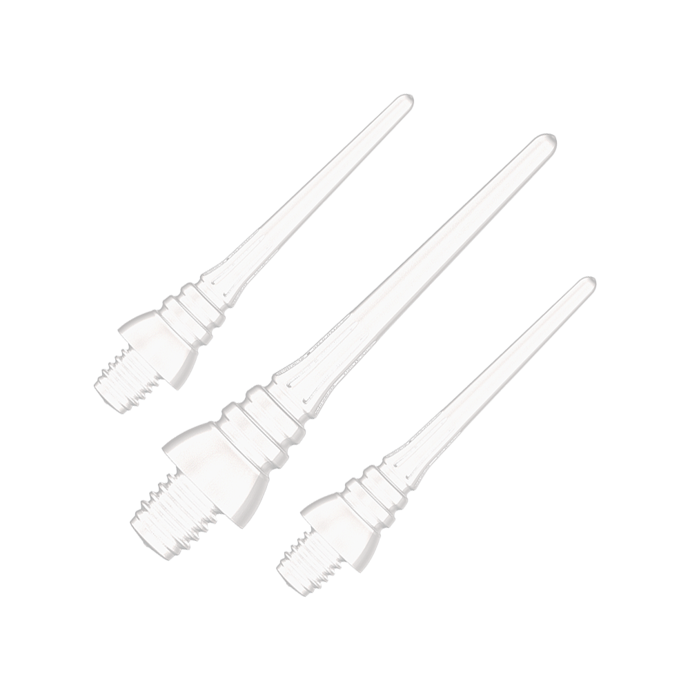 Winmau Triton Softtip Points Softdartspitzen (50-er Pack) Auf dem Bild sind drei weiße Softdartspitzen mit Gewinde zu sehen. Sie liegen nebeneinander auf einem weißen Hintergrund.