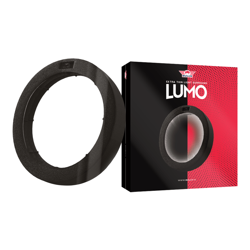 Sistema de iluminación envolvente Lumo Light de Bulls NL Das Bild zeigt das Produkt "Bulls NL Lumo Light Surround Beleuchtungssystem". Links ist der Leuchtring selbst zu sehen, rechts die Verpackung mit Produktnamen und Design.