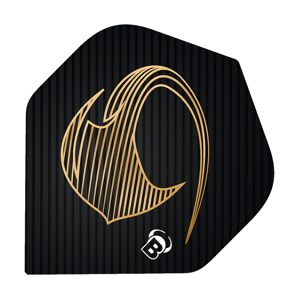Vuelos estándar Bulls Metrixx Stingray No2 Das Bild zeigt ein schwarzes Dart Flight mit einem goldenen, stilisierten Stingray-Design. Unten ist ein kleines weißes "B" Logo abgebildet.