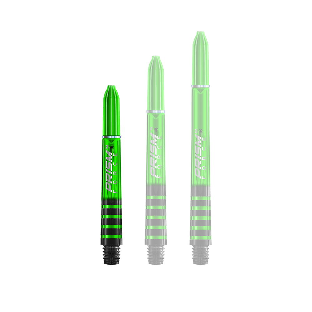 7020-105_Winmau_Prism_Force_Shafts_Gr-n_35mm_1m88EFefNJjuRf Das Bild zeigt drei grüne Dartschäfte in unterschiedlichen Längen. Sie haben schwarze Streifen und den Schriftzug "PRISM FORCE" aufgedruckt.
